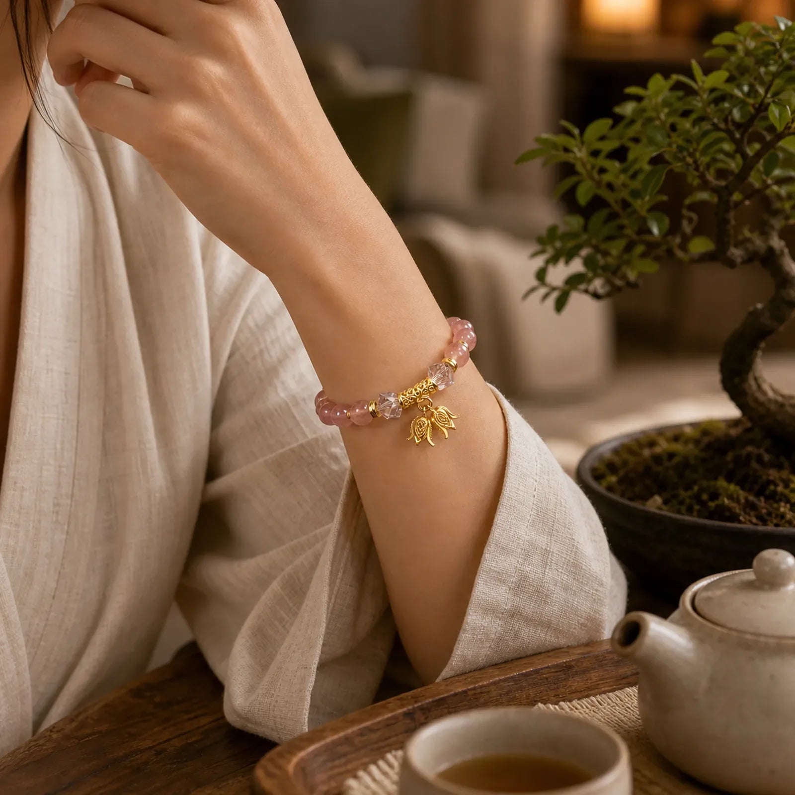 Lily of the Valley Natural Strawberry Quartz Positive Beaded Bracelet featuring Strawberry Quartz, Smoky Quartz