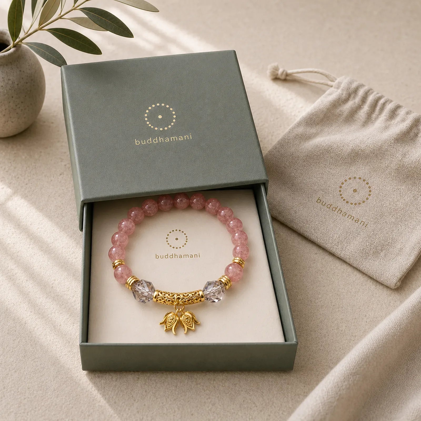 Lily of the Valley Natural Strawberry Quartz Positive Beaded Bracelet featuring Strawberry Quartz, Smoky Quartz