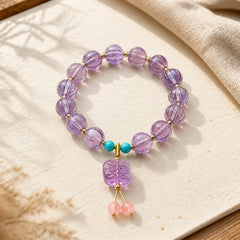 Liuli Glass Bead Lotus Design Fluorite Ivory Fruit Dancing Lion Charm Enlightenment Bracelet featuring Lotus, Fluorite, Ivory Fruit