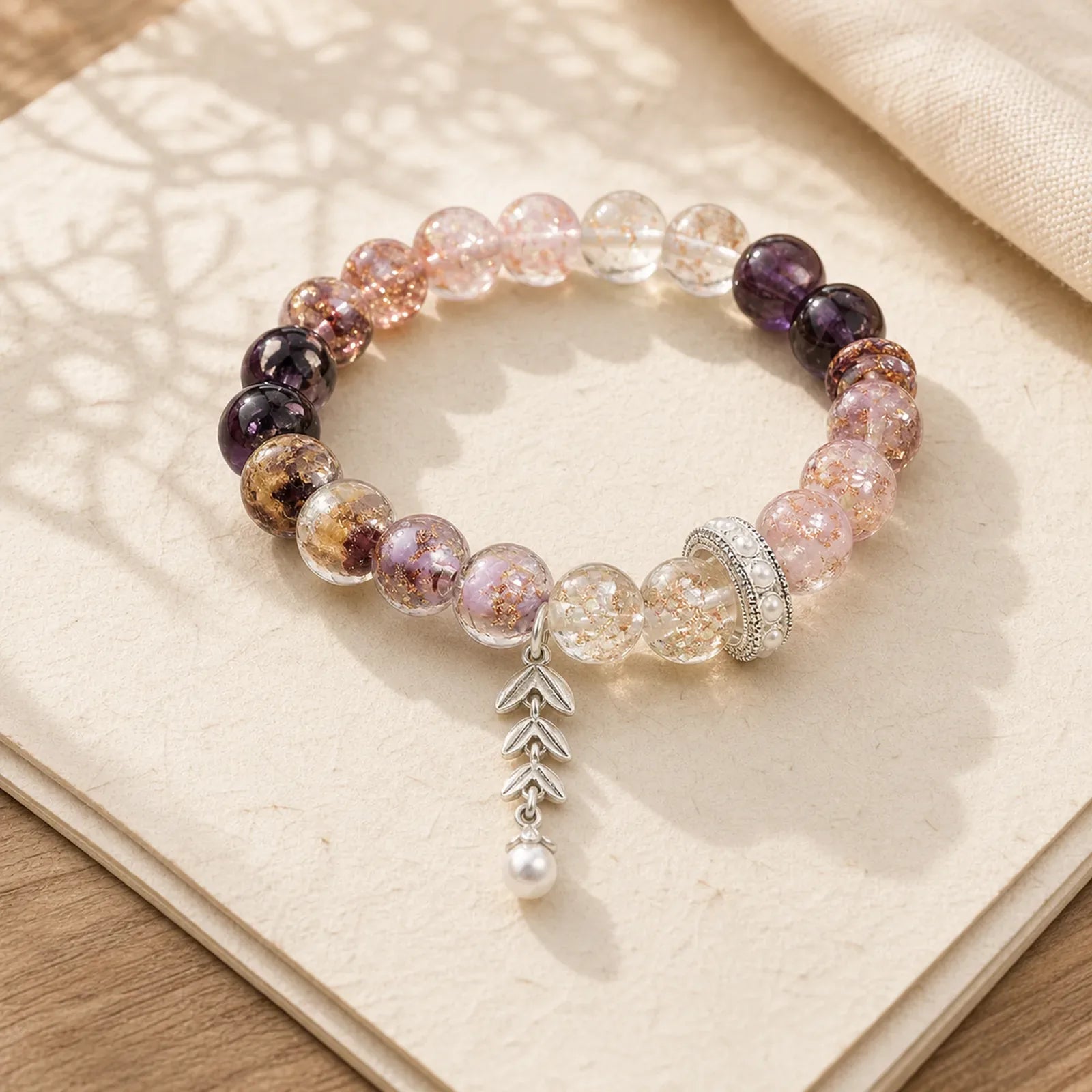 Liuli Glass Bead Wheat Ear Charm Bracelet featuring Five Elements