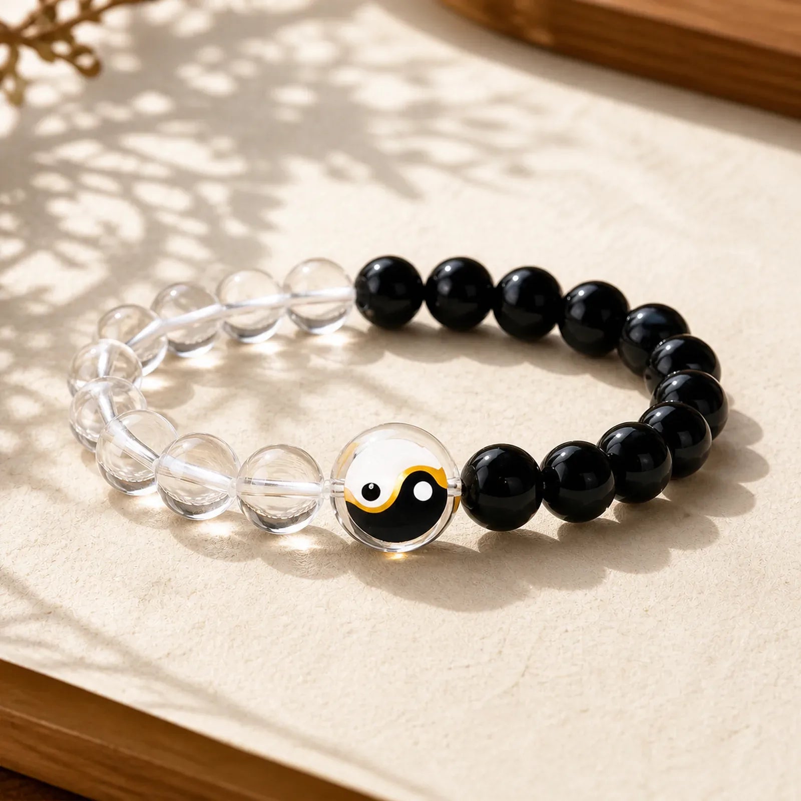 Liuli Glass Bead Yin Yang Balance Double Sided Round Bead Bracelet featuring Five Elements, Black Obsidian, Clear Quartz / White Crystal