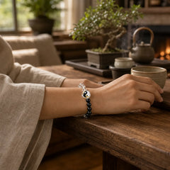 Liuli Glass Bead Yin Yang Balance Double Sided Round Bead Bracelet featuring Five Elements, Black Obsidian, Clear Quartz / White Crystal