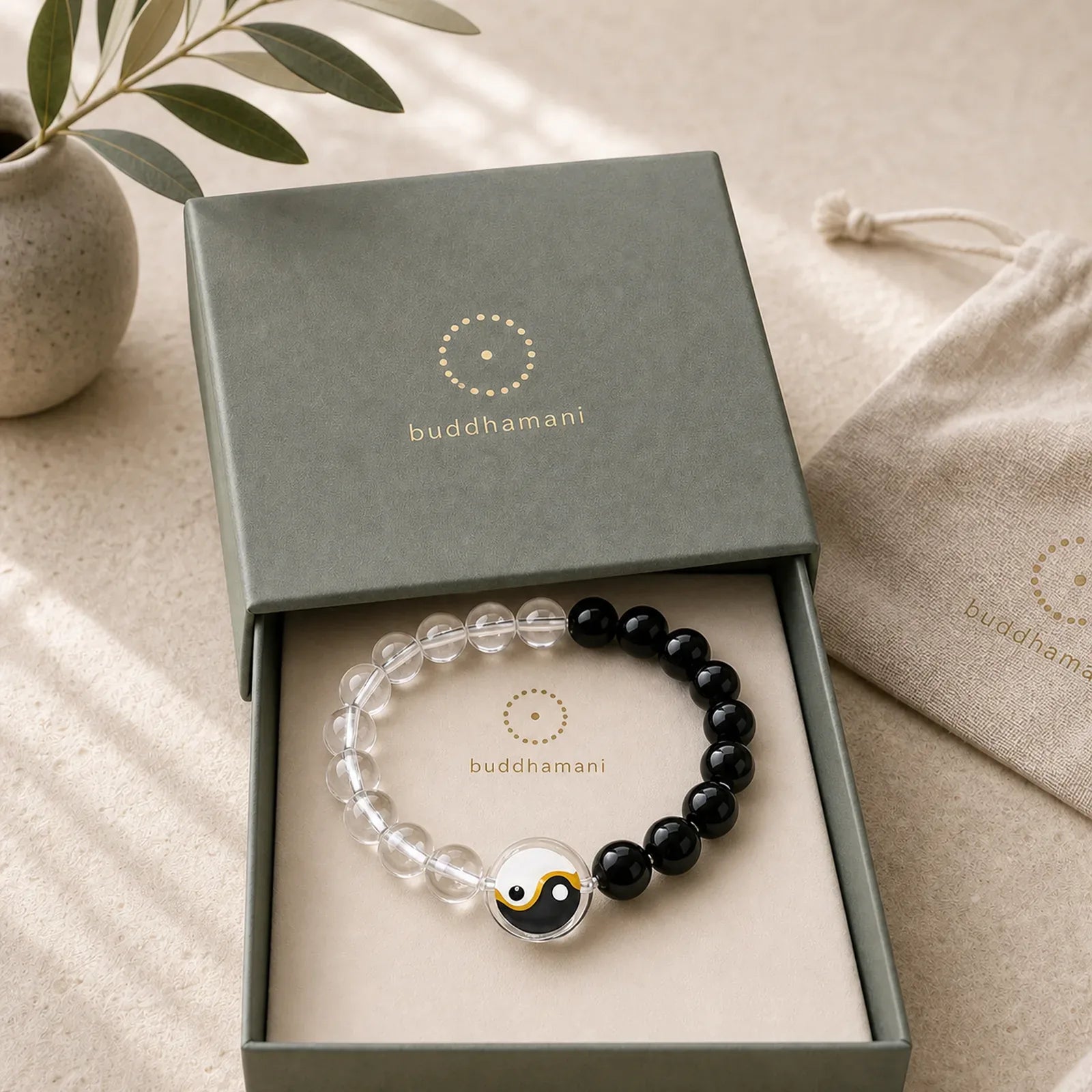 Liuli Glass Bead Yin Yang Balance Double Sided Round Bead Bracelet featuring Five Elements, Black Obsidian, Clear Quartz / White Crystal