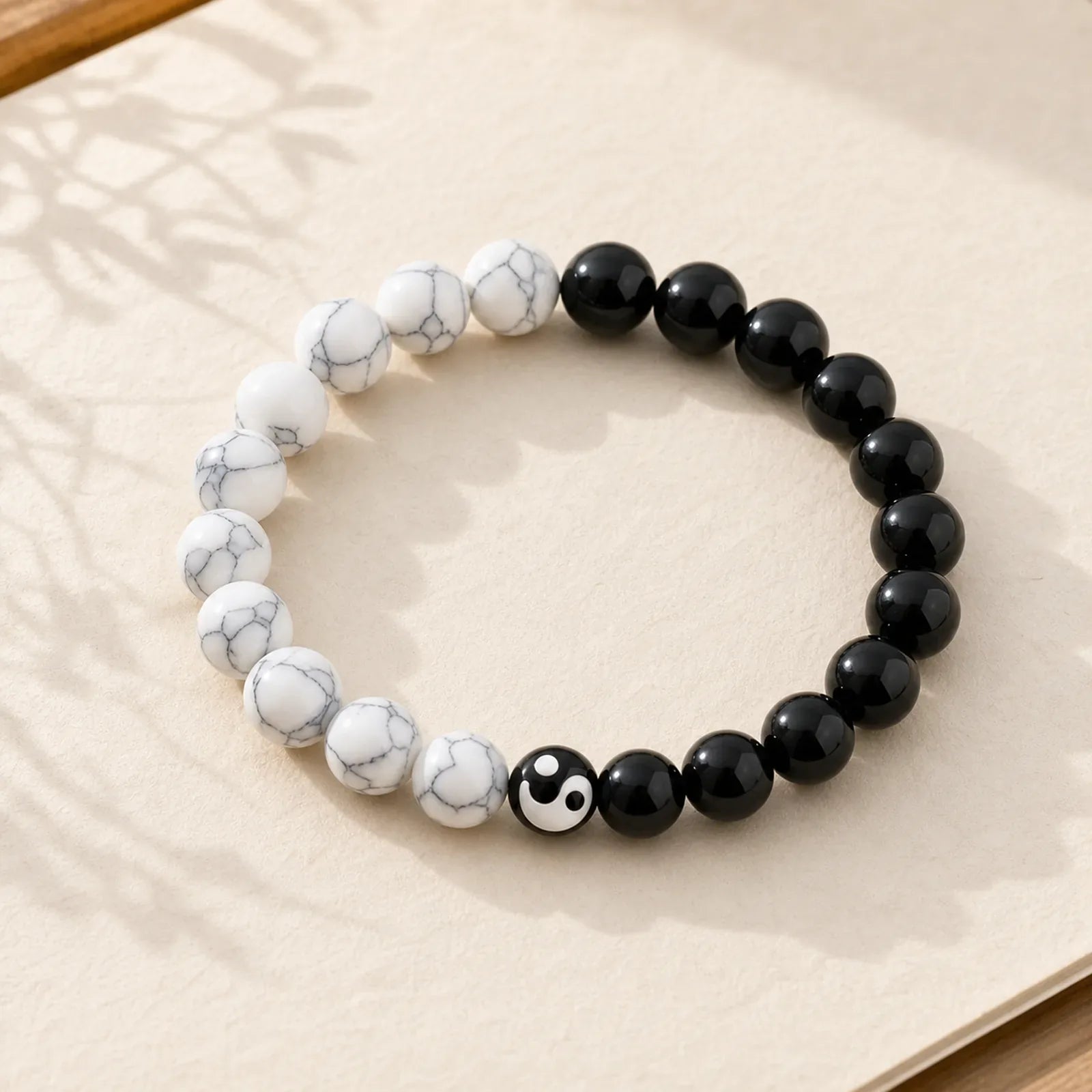 Liuli Glass Bead Yin Yang Balance Round Bead Bracelet featuring Five Elements, Black Onyx, White Turquoise