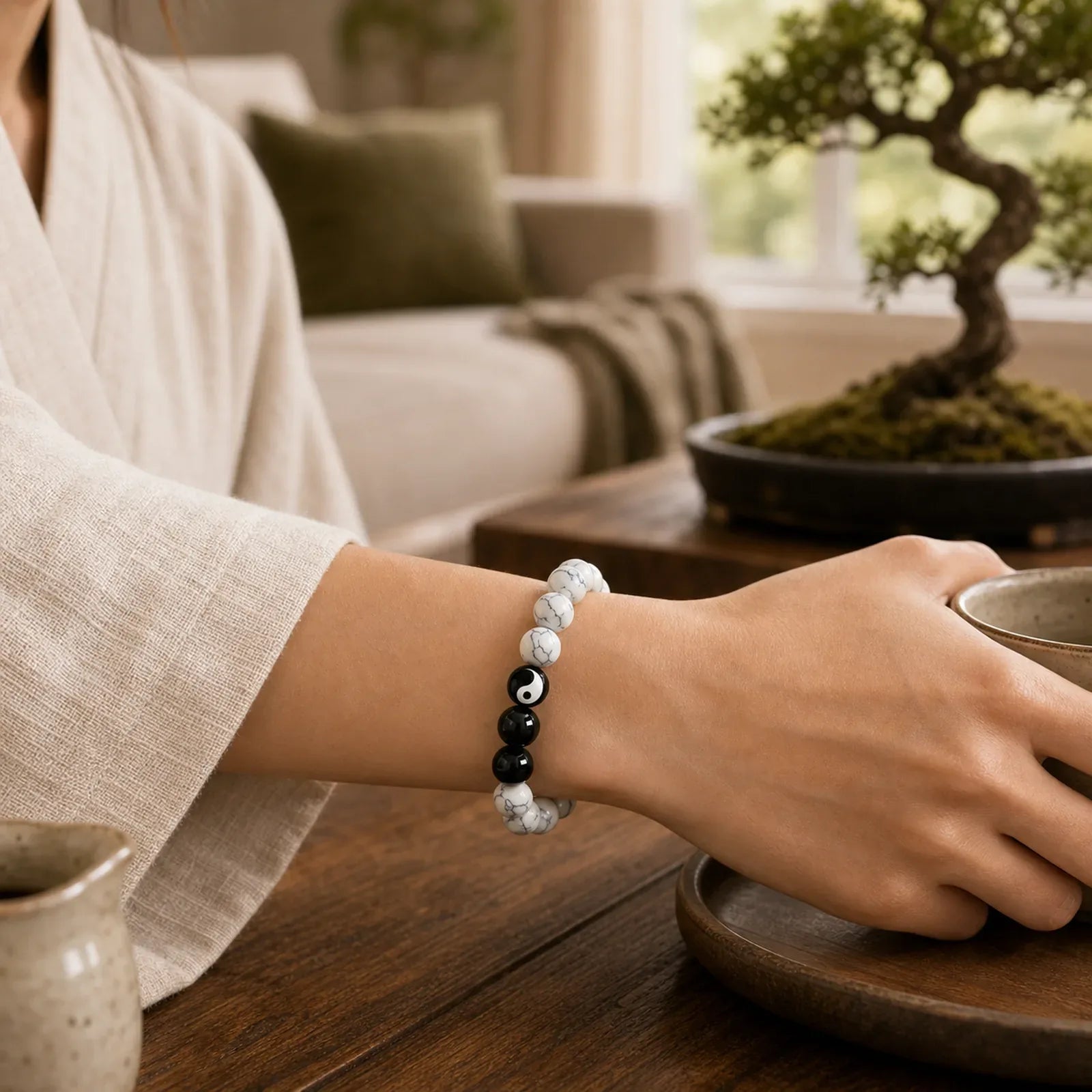 Liuli Glass Bead Yin Yang Balance Round Bead Bracelet featuring Five Elements, Black Onyx, White Turquoise