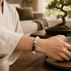 Liuli Glass Bead Yin Yang Balance Round Bead Bracelet featuring Five Elements, Black Onyx, White Turquoise