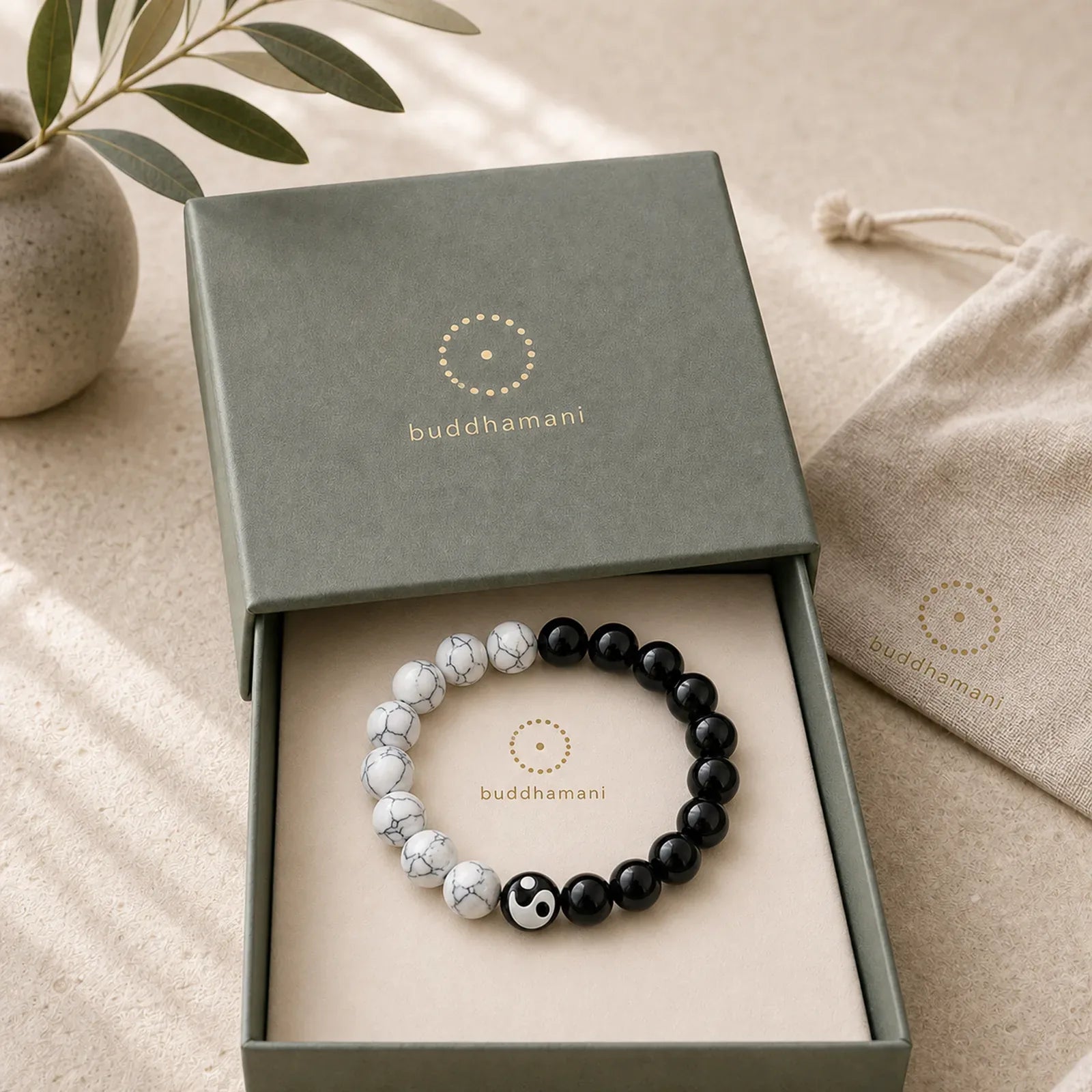 Liuli Glass Bead Yin Yang Balance Round Bead Bracelet featuring Five Elements, Black Onyx, White Turquoise