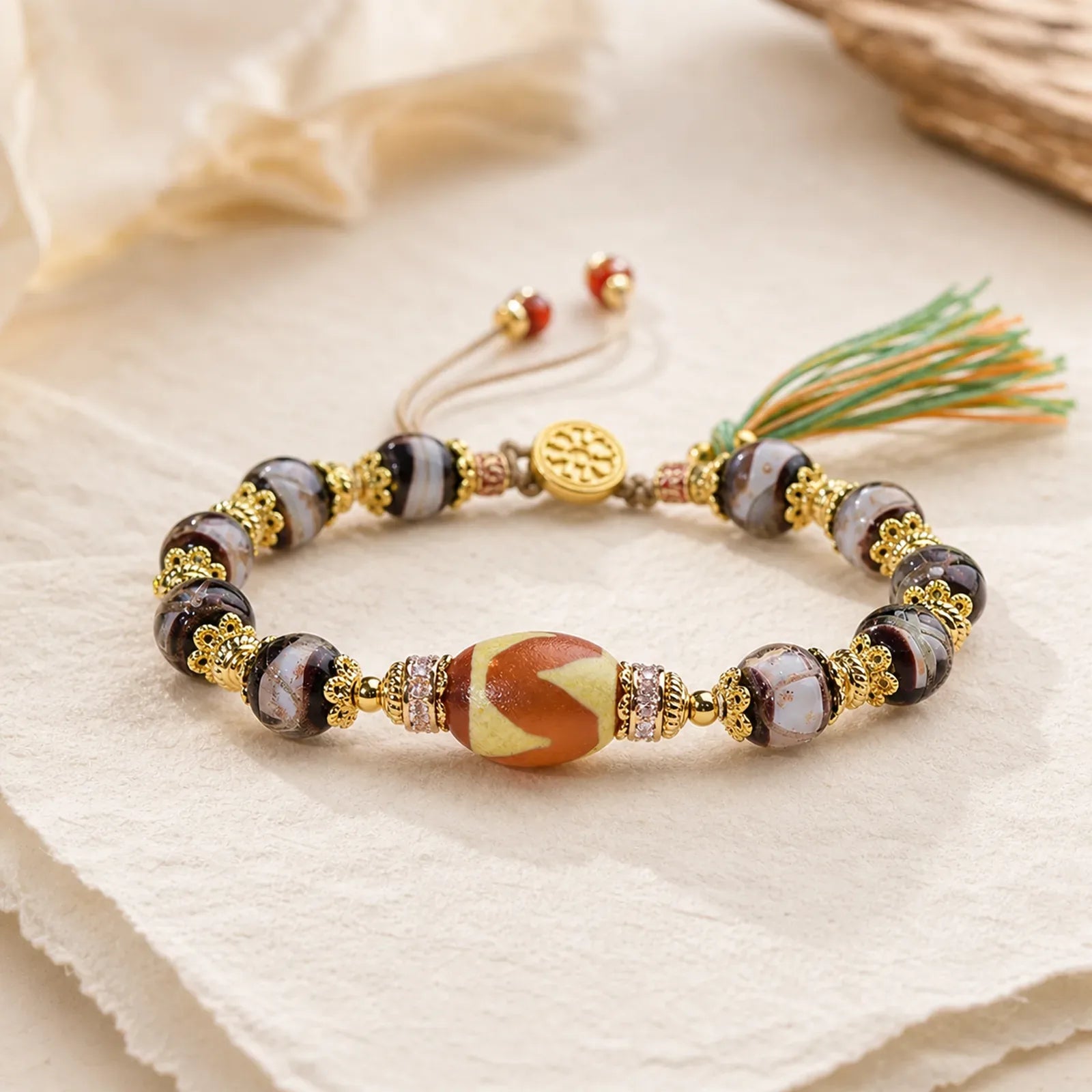 Liuli Glass Dzi Beads Blessings Bracelet featuring Dzi Bead, Five Elements, Nine-Eye Dzi Bead