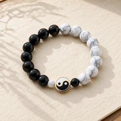 Liuli Glass Flat Bead Yin Yang Balance Round Bead Bracelet featuring Five Elements, Black Onyx, White Turquoise