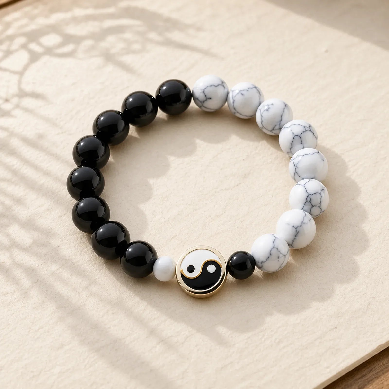 Liuli Glass Flat Bead Yin Yang Balance Round Bead Bracelet featuring Five Elements, Black Onyx, White Turquoise