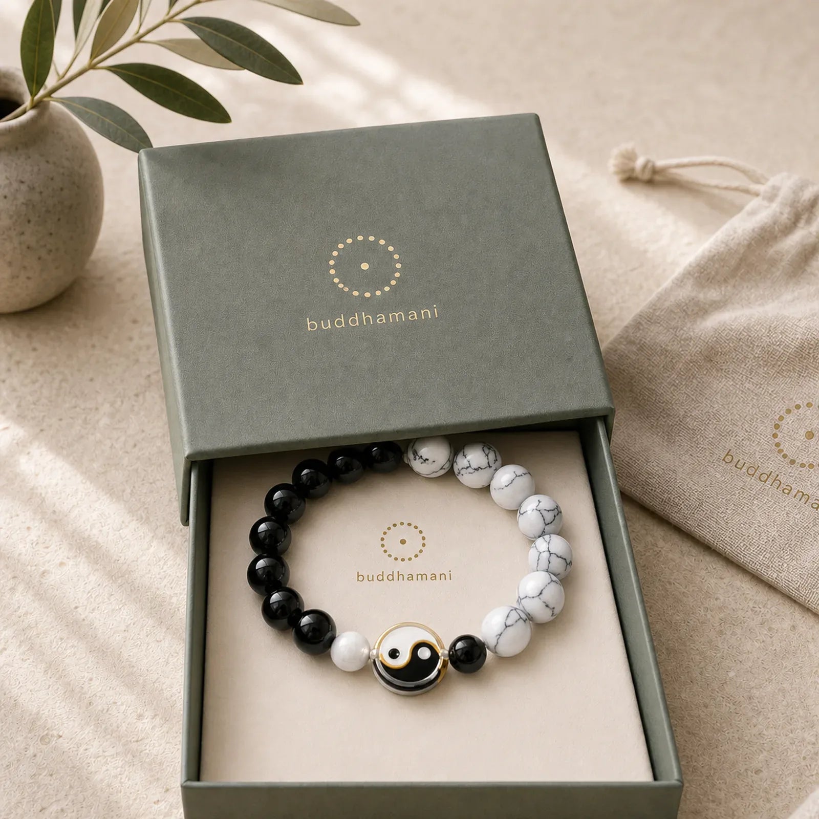 Liuli Glass Flat Bead Yin Yang Balance Round Bead Bracelet featuring Five Elements, Black Onyx, White Turquoise