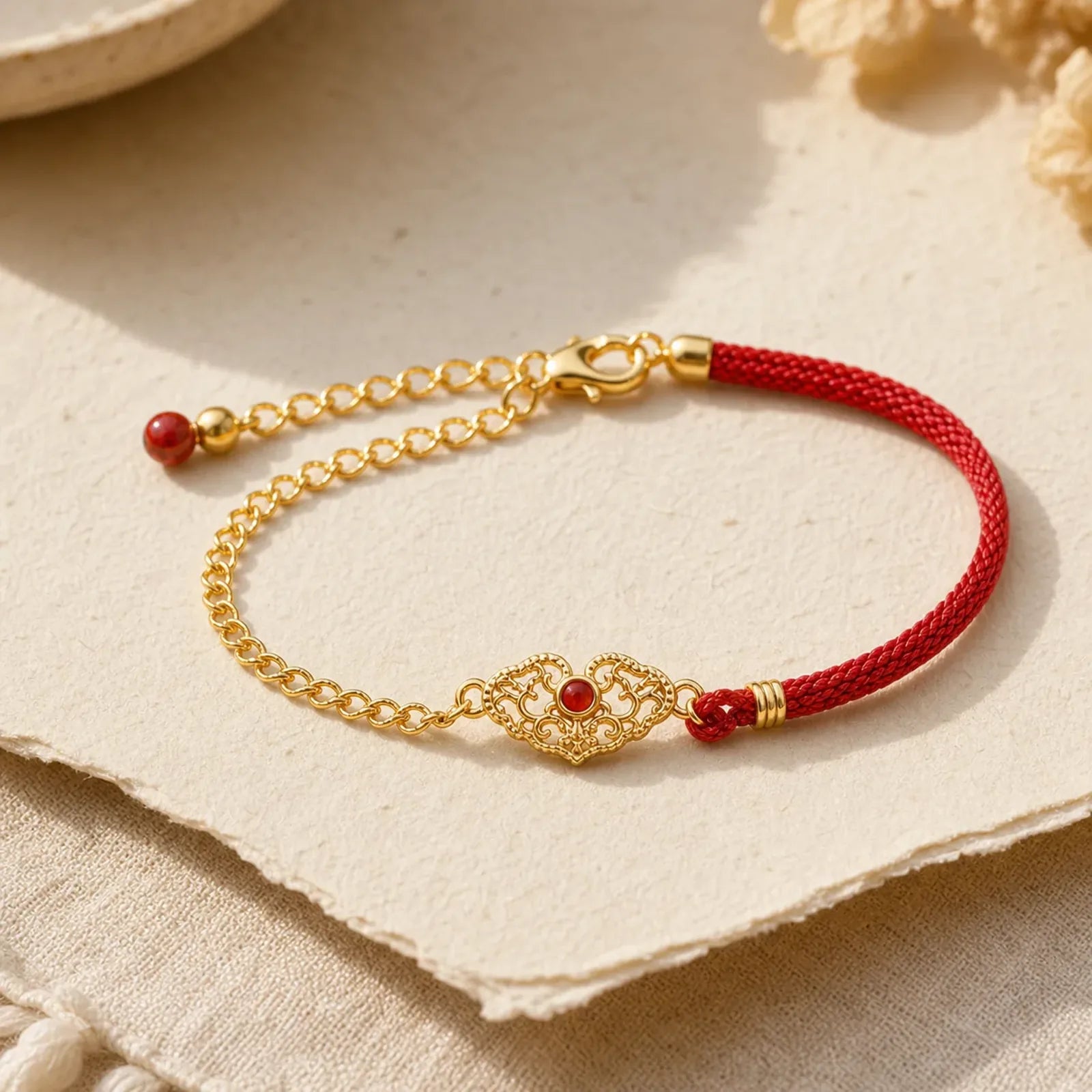 Lock of Good Wishes Luck Strength Chain Bracelet featuring Red String, Red Agate, Copper