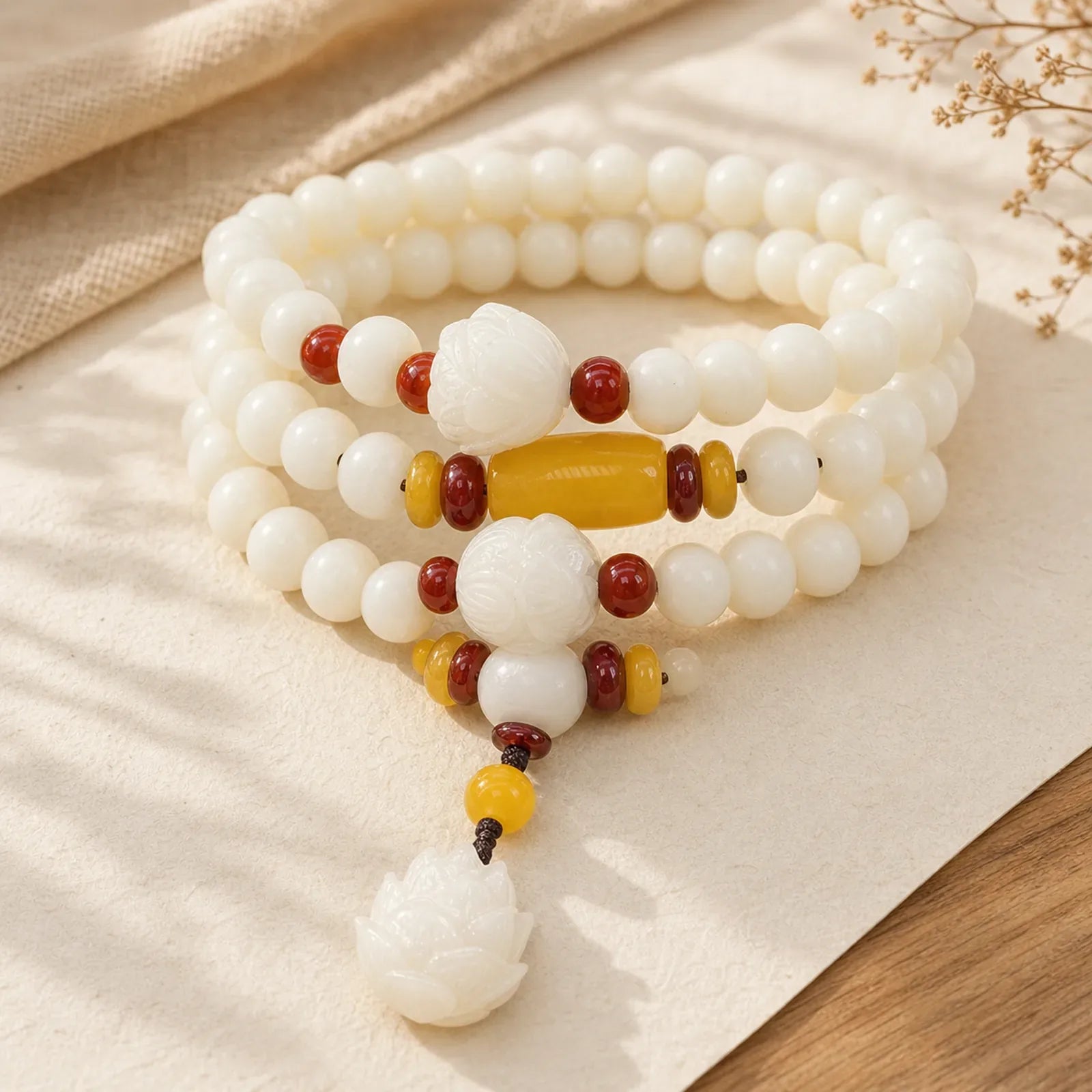 Lotus Bodhi Seed Mala 108 Beads Protection Bracelet featuring Lotus, Bodhi Seed, Jade