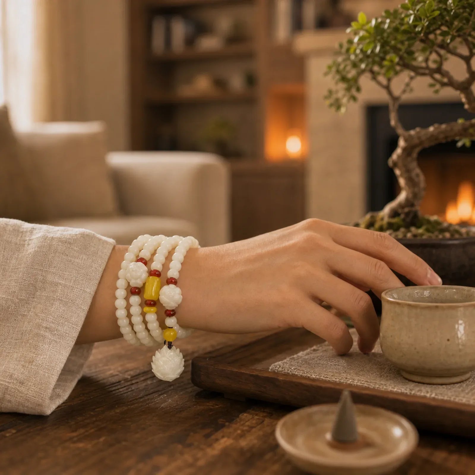 Lotus Bodhi Seed Mala 108 Beads Protection Bracelet featuring Lotus, Bodhi Seed, Jade