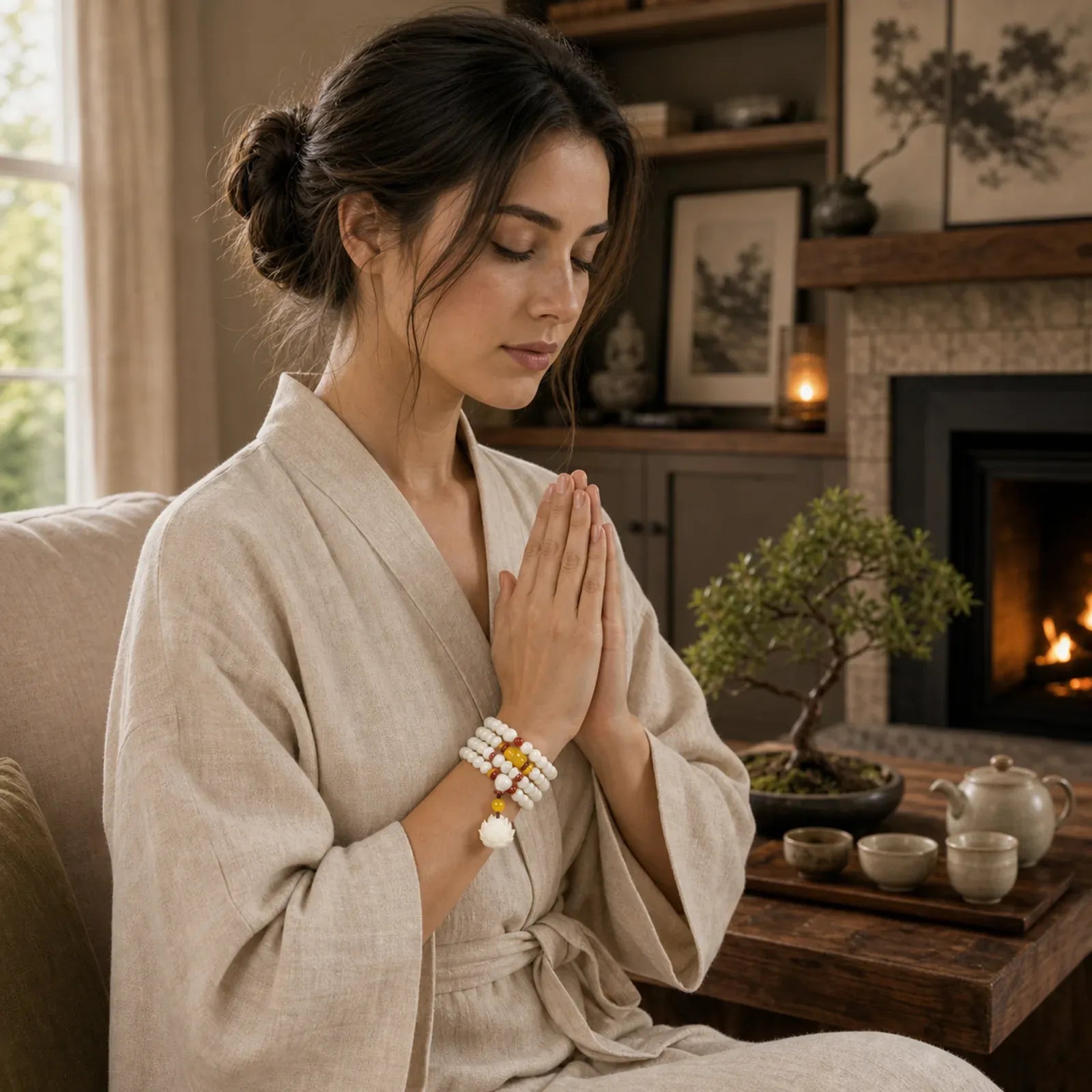 Lotus Bodhi Seed Mala 108 Beads Protection Bracelet featuring Lotus, Bodhi Seed, Jade