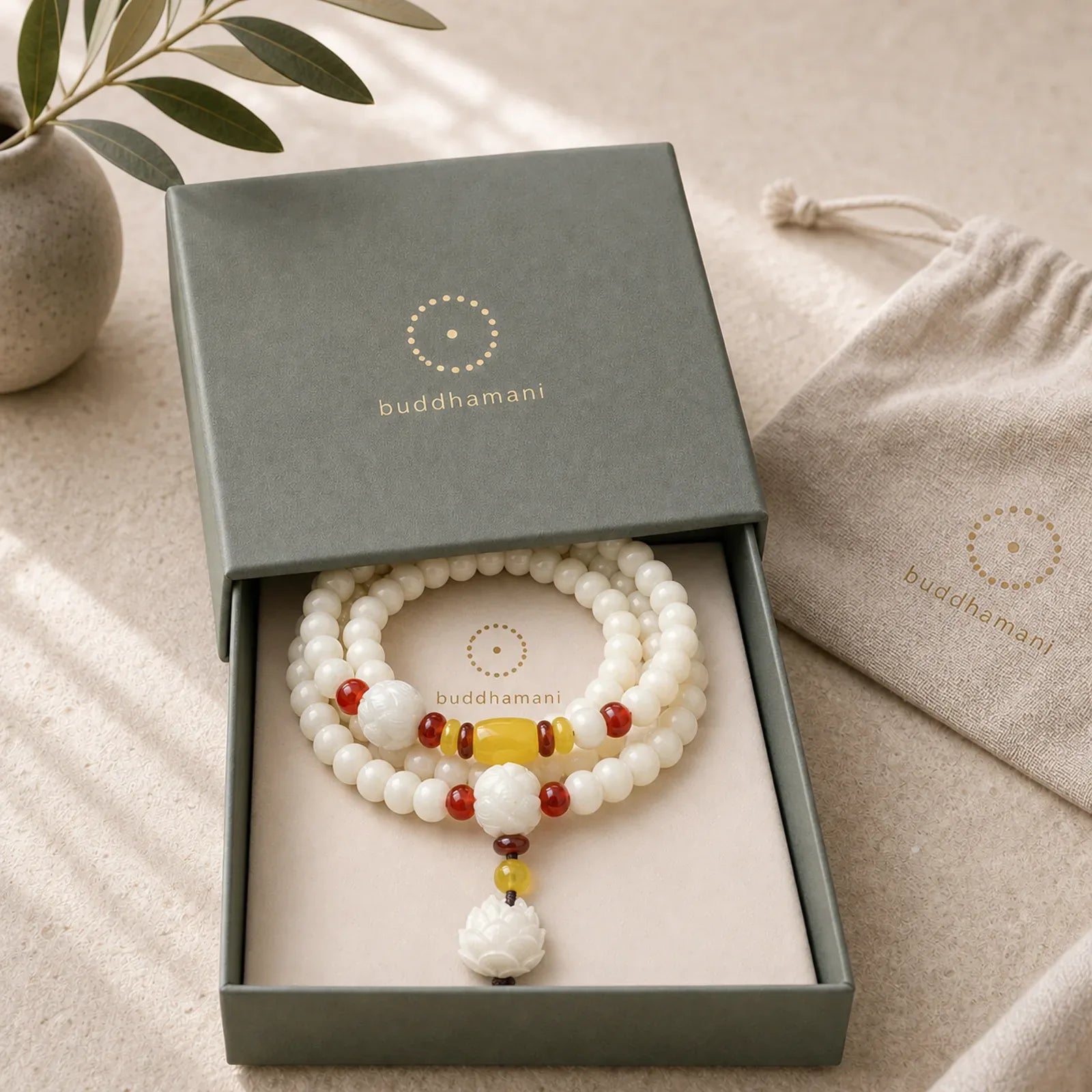 Lotus Bodhi Seed Mala 108 Beads Protection Bracelet featuring Lotus, Bodhi Seed, Jade