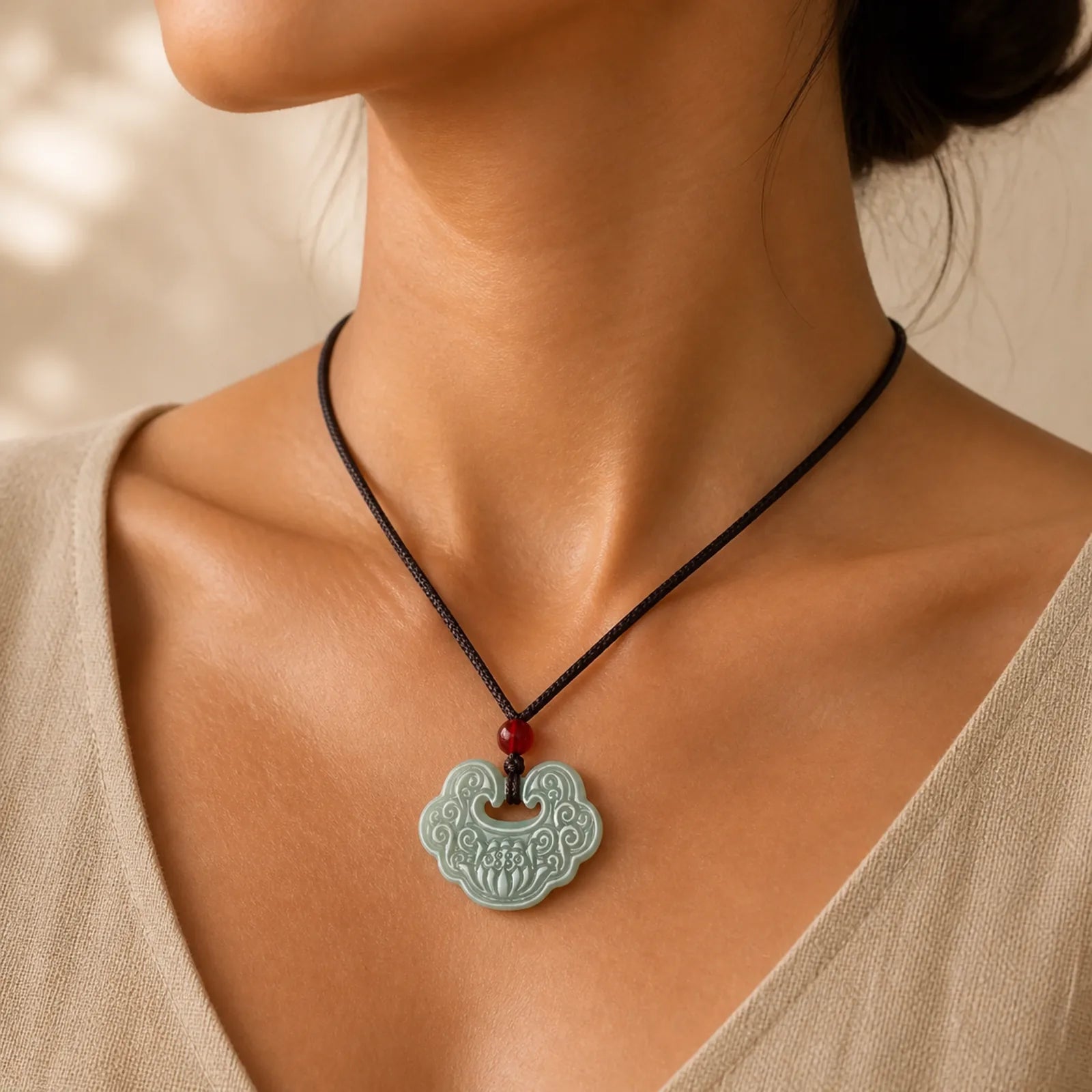 Lotus Carved Jade Ruyi Abundance Prosperity Abundance Necklace Pendant featuring Lotus, Jade, Lotus Symbol