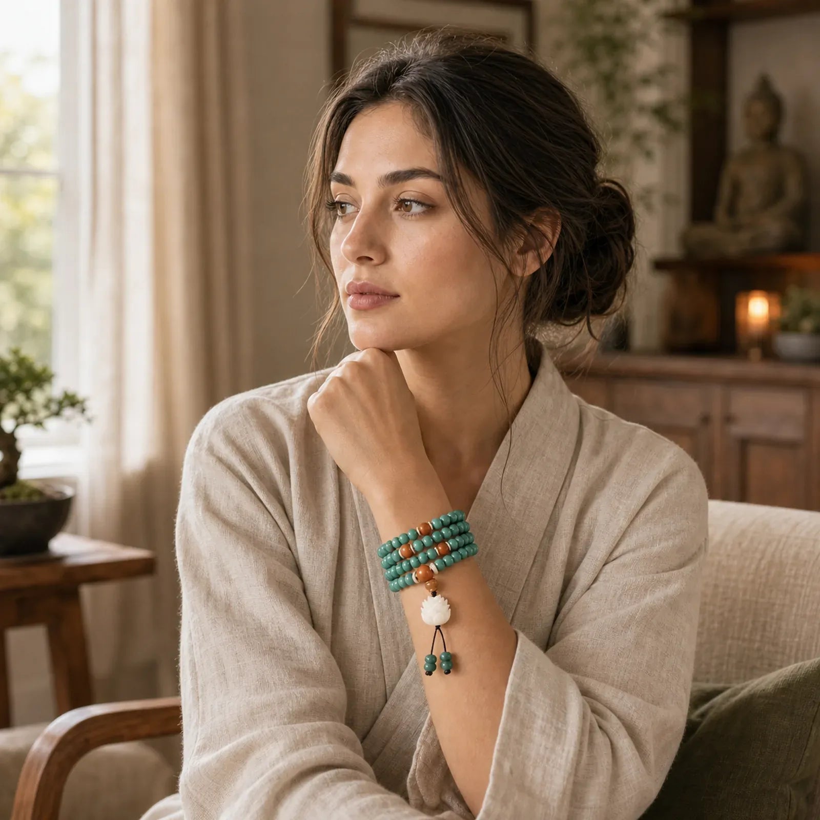 Lotus Cyan Bodhi Seed Success Bracelet featuring Lotus, Bodhi Seed, Jade