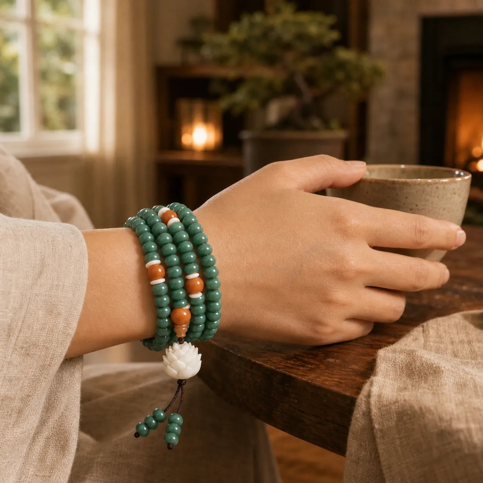 Lotus Cyan Bodhi Seed Success Bracelet featuring Lotus, Bodhi Seed, Jade