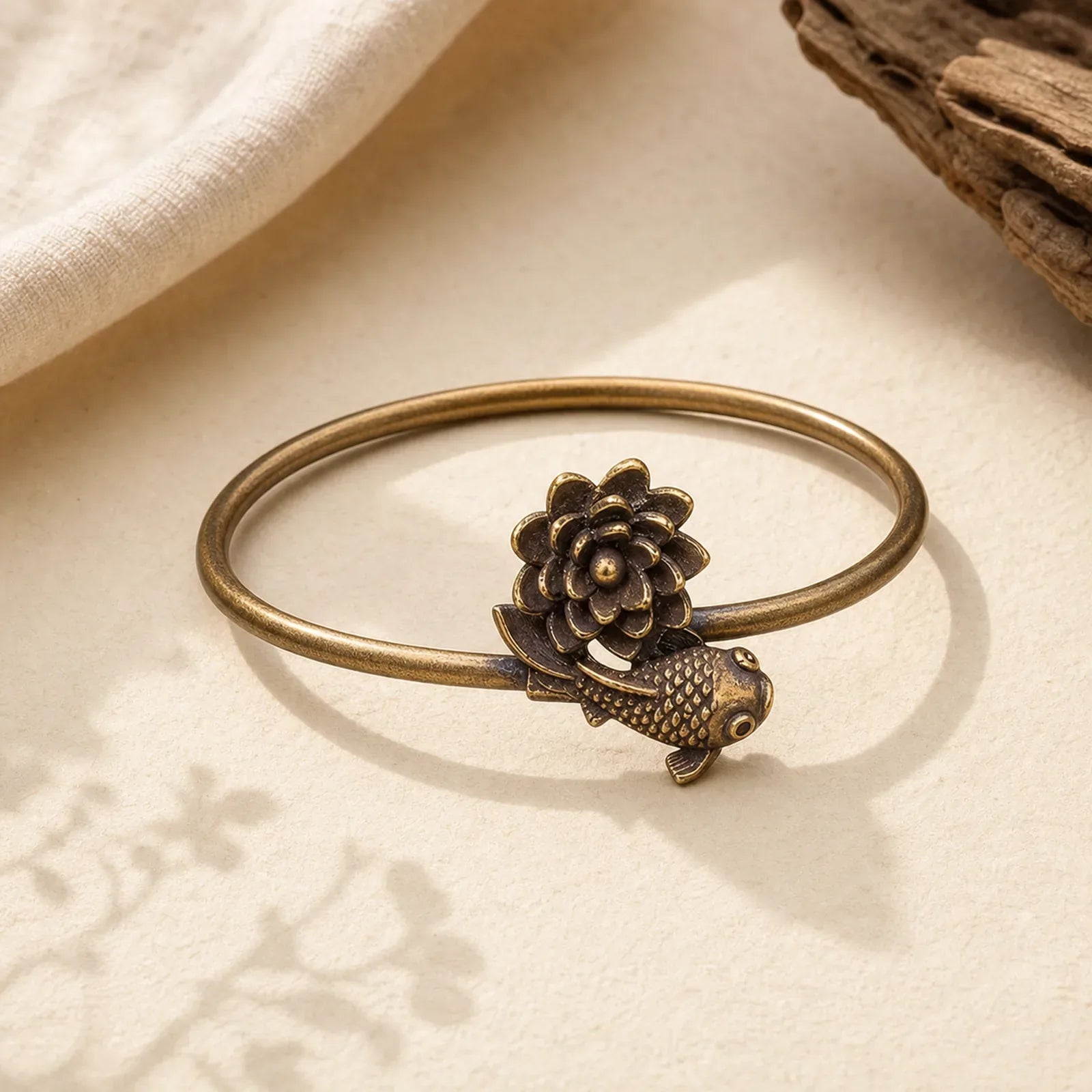 Lotus Flower Koi Fish Copper Brass Enlightenment Luck Bracelet Bangle featuring Lotus, Koi Fish, Copper
