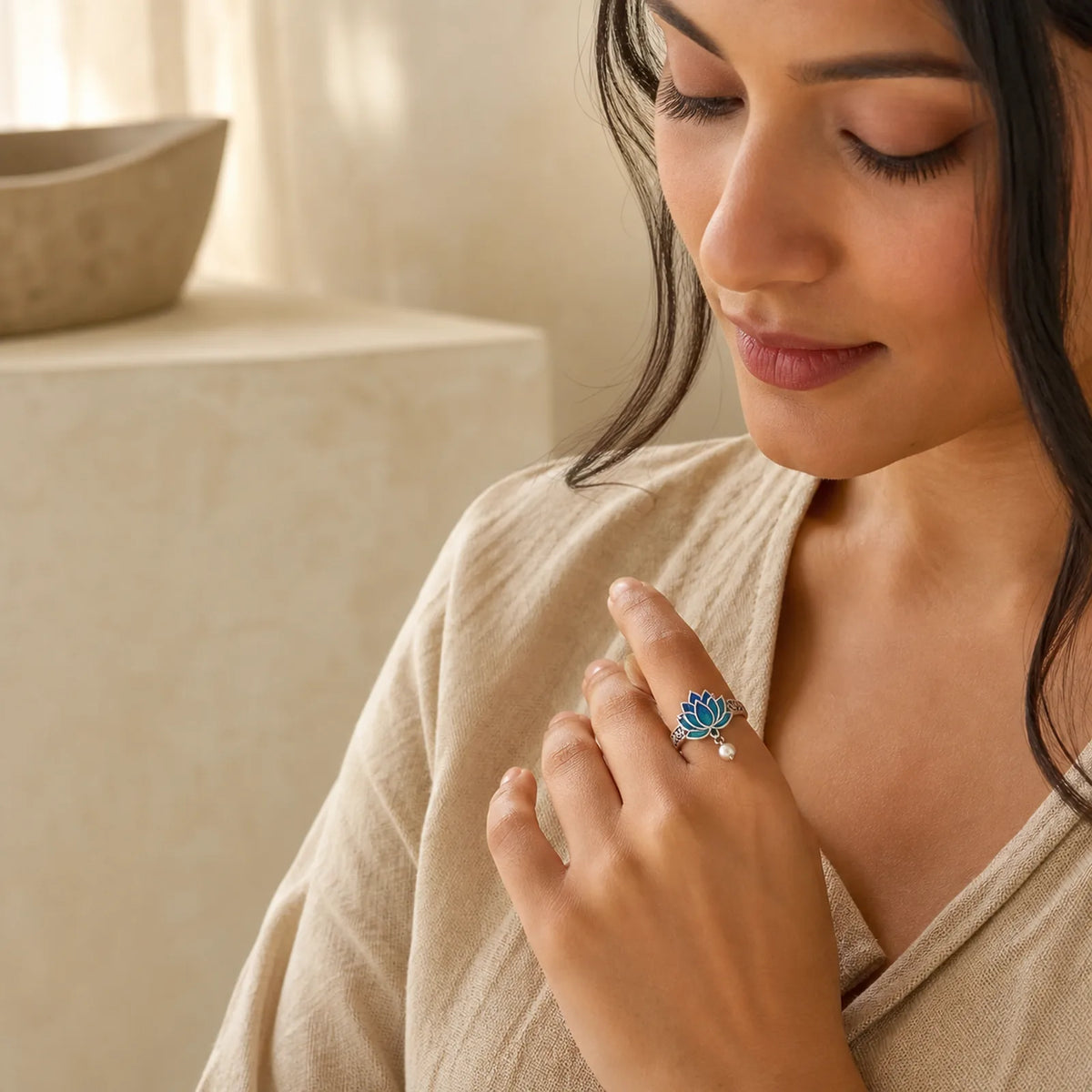 Lotus Flower Pattern Enlightenment Ring featuring Lotus, Lotus Symbol, Copper