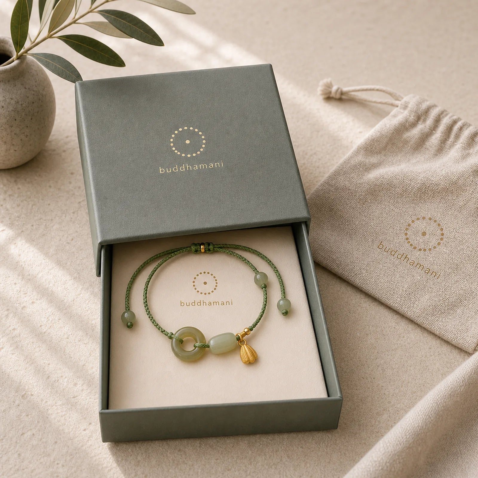 Lotus Jade Peace Buckle Bead Luck Happiness Charm String Bracelet featuring Lotus, Jade, Peace Buckle