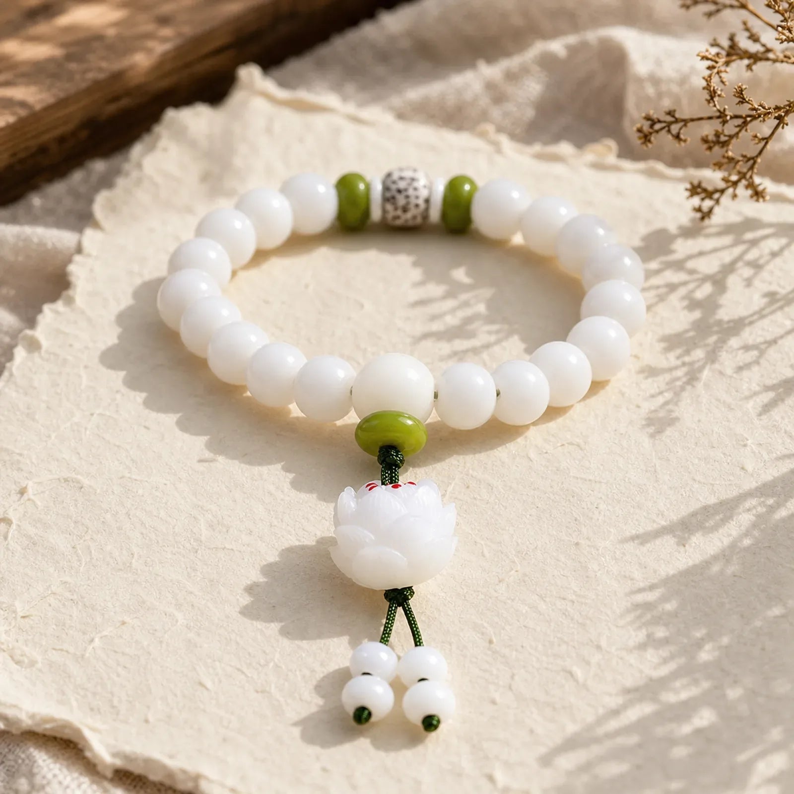 Lotus Natural White Bodhi Seed Luck Bracelet featuring Lotus, Bodhi Seed