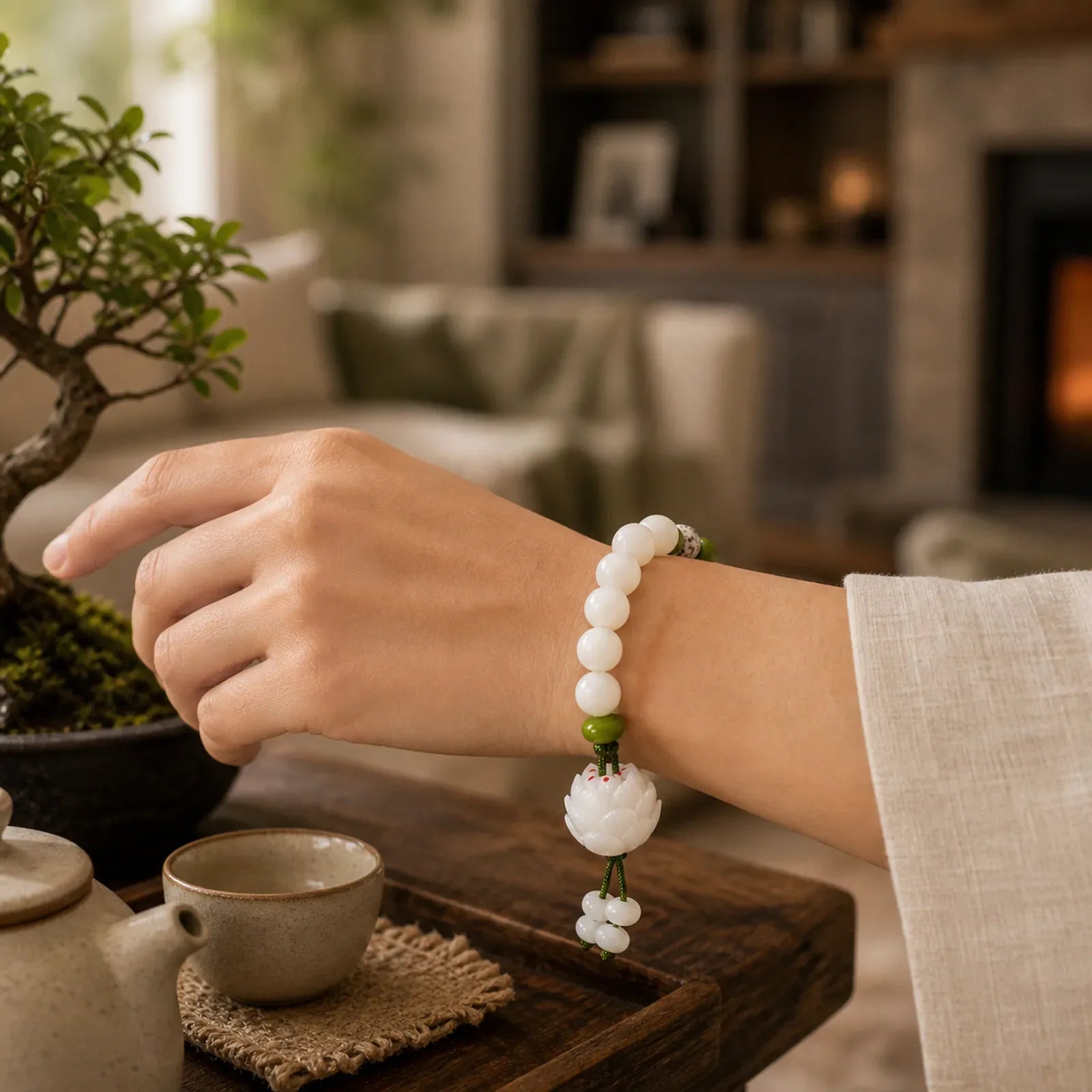 Lotus Natural White Bodhi Seed Luck Bracelet featuring Lotus, Bodhi Seed