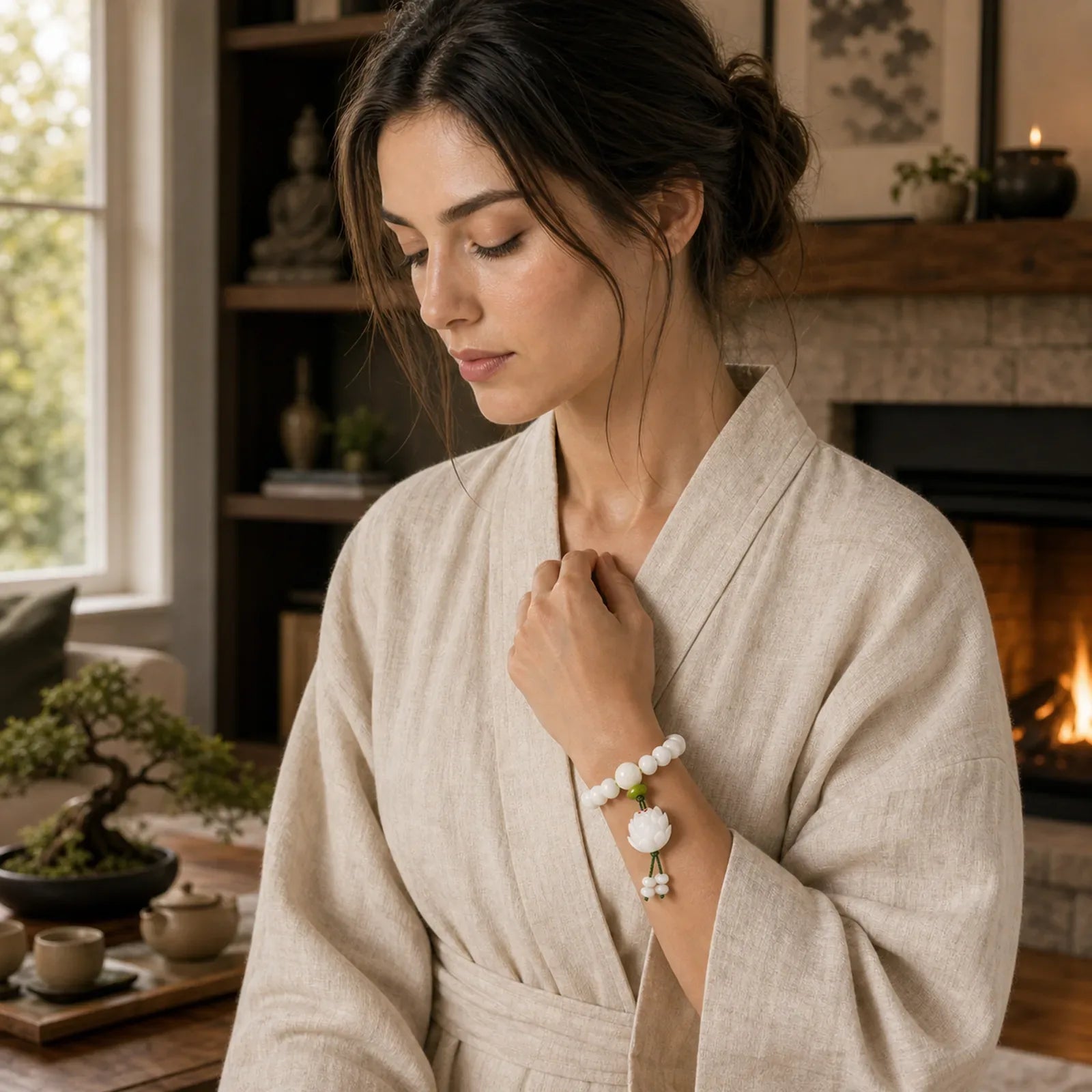 Lotus Natural White Bodhi Seed Luck Bracelet featuring Lotus, Bodhi Seed