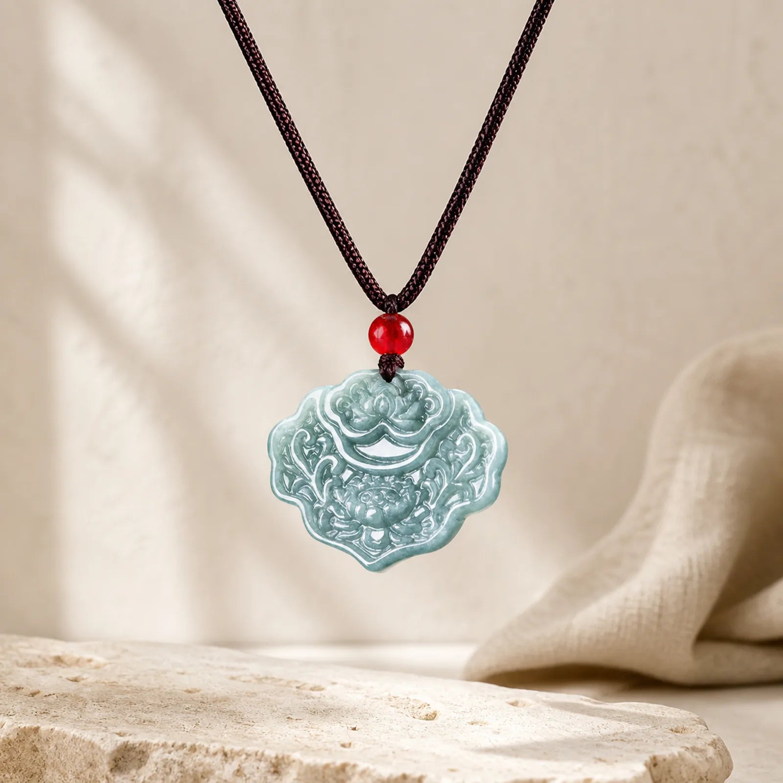 Lotus Pattern Carved Jade Abundance Prosperity Necklace Rope Pendant featuring Lotus, Jade, Lotus Symbol