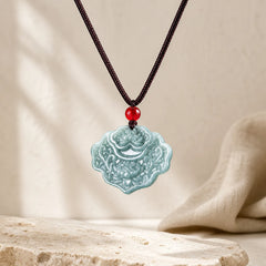 Lotus Pattern Carved Jade Abundance Prosperity Necklace Rope Pendant featuring Lotus, Jade, Lotus Symbol
