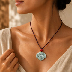 Lotus Pattern Carved Jade Abundance Prosperity Necklace Rope Pendant featuring Lotus, Jade, Lotus Symbol