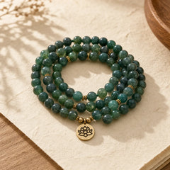 Lotus Symbol Charm Round Bead Moss Agate Healing Mala featuring Lotus Symbol, Lotus, Moss Agate