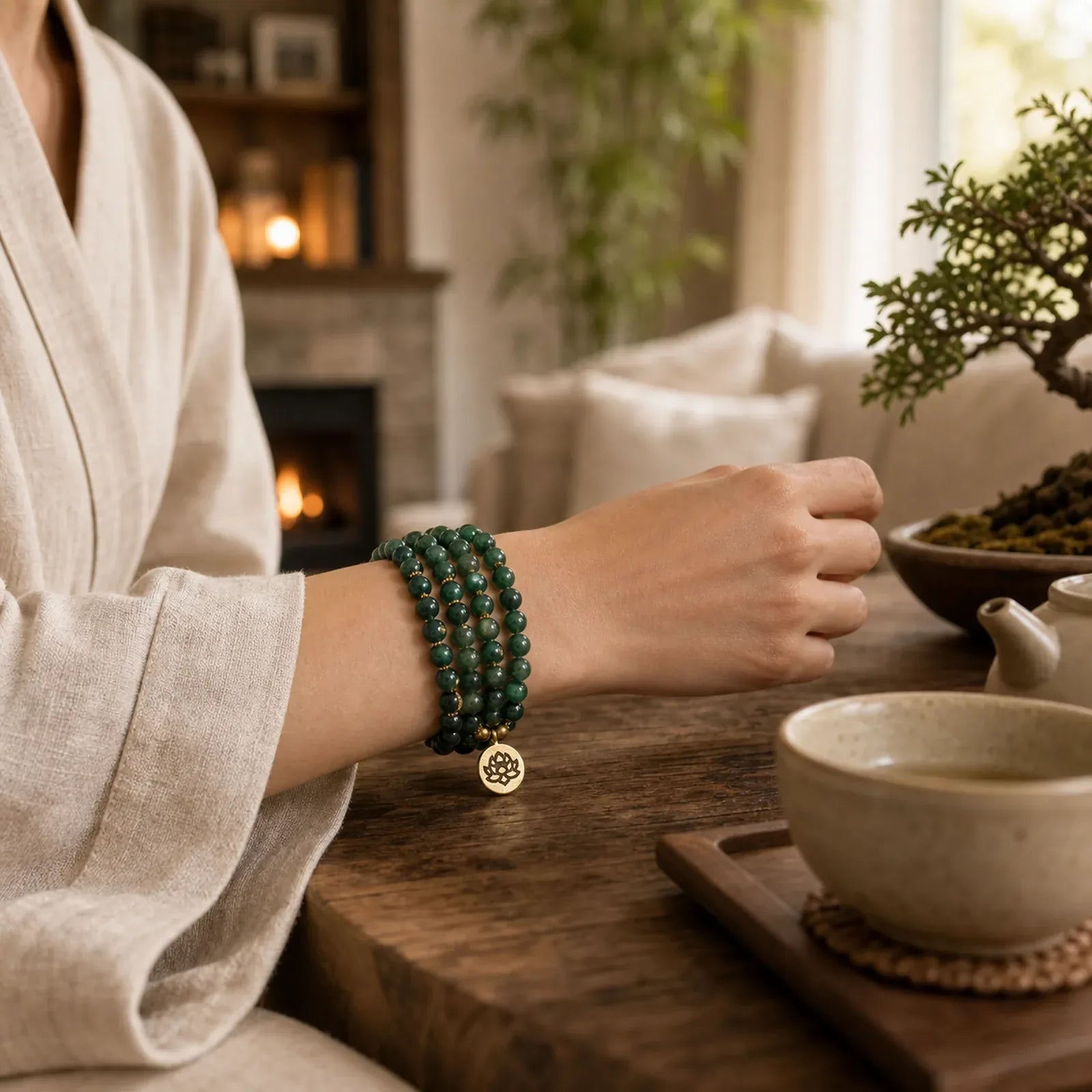 Lotus Symbol Charm Round Bead Moss Agate Healing Mala featuring Lotus Symbol, Lotus, Moss Agate