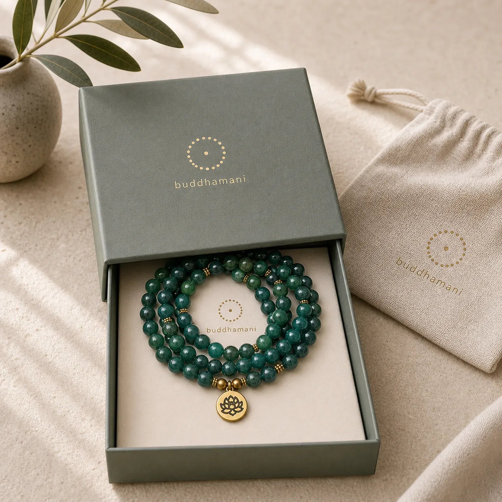 Lotus Symbol Charm Round Bead Moss Agate Healing Mala featuring Lotus Symbol, Lotus, Moss Agate