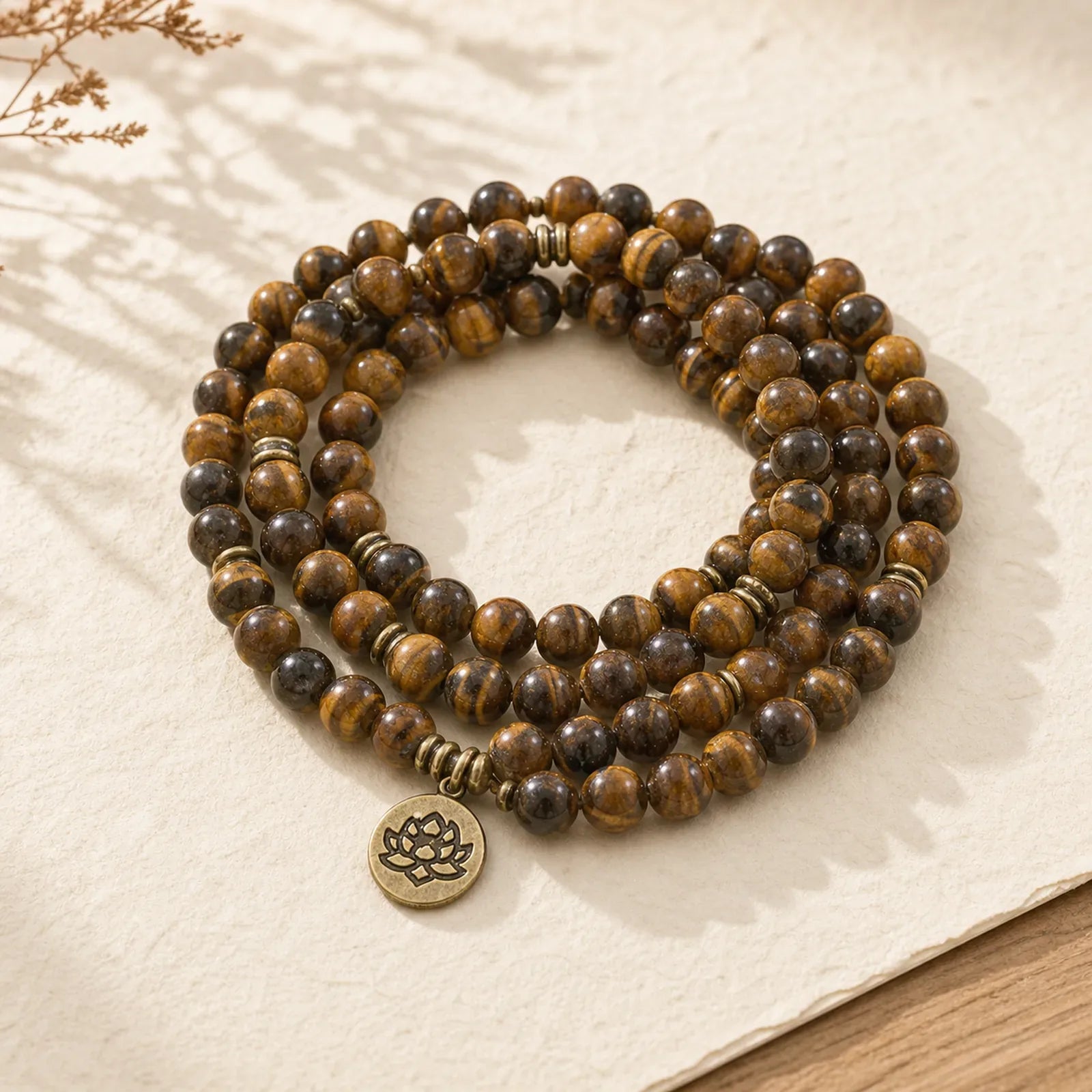 Lotus Symbol Tiger Eye Beaded Strength Mala featuring Lotus Symbol, Lotus, Tiger Eye