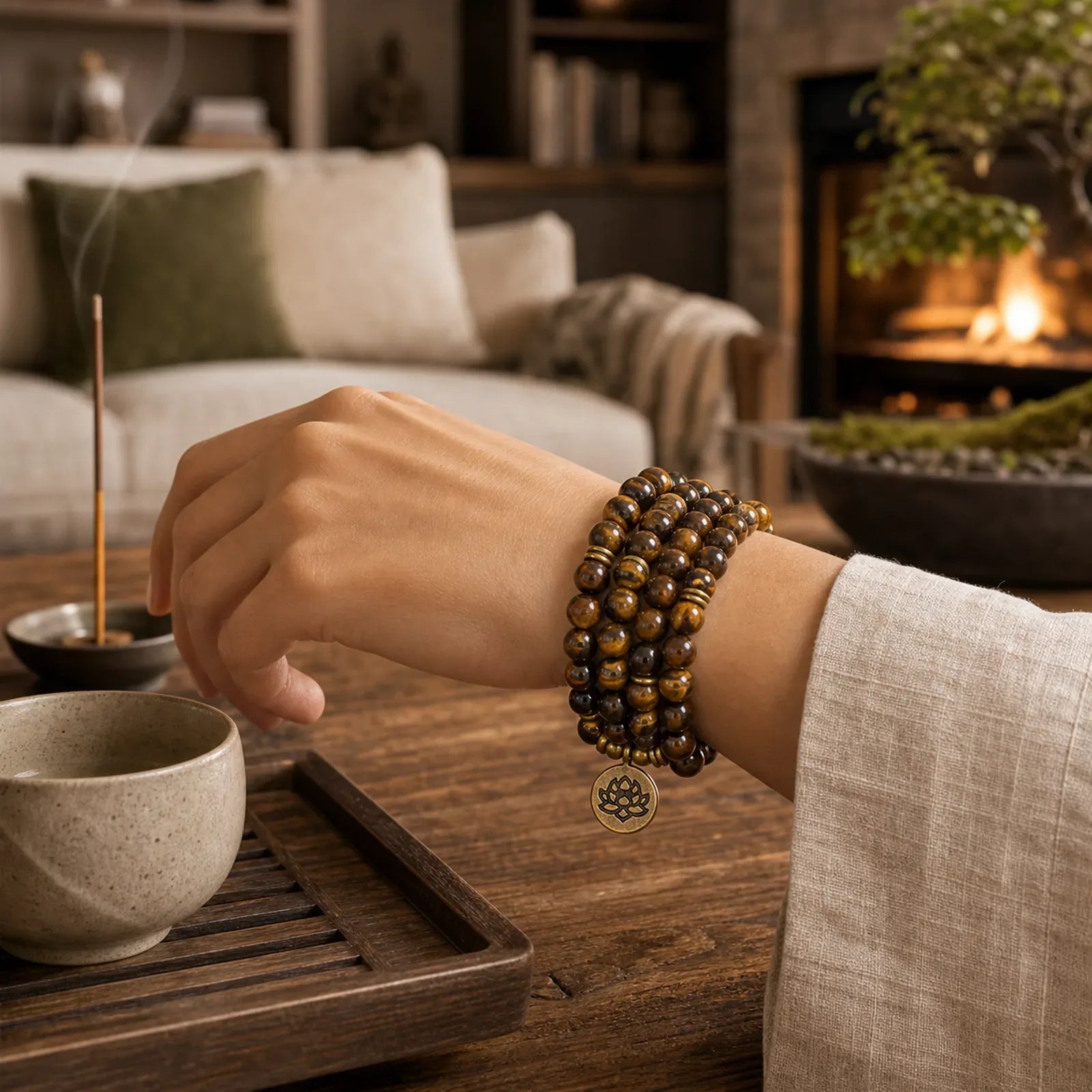 Lotus Symbol Tiger Eye Beaded Strength Mala featuring Lotus Symbol, Lotus, Tiger Eye