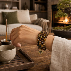 Lotus Symbol Tiger Eye Beaded Strength Mala featuring Lotus Symbol, Lotus, Tiger Eye