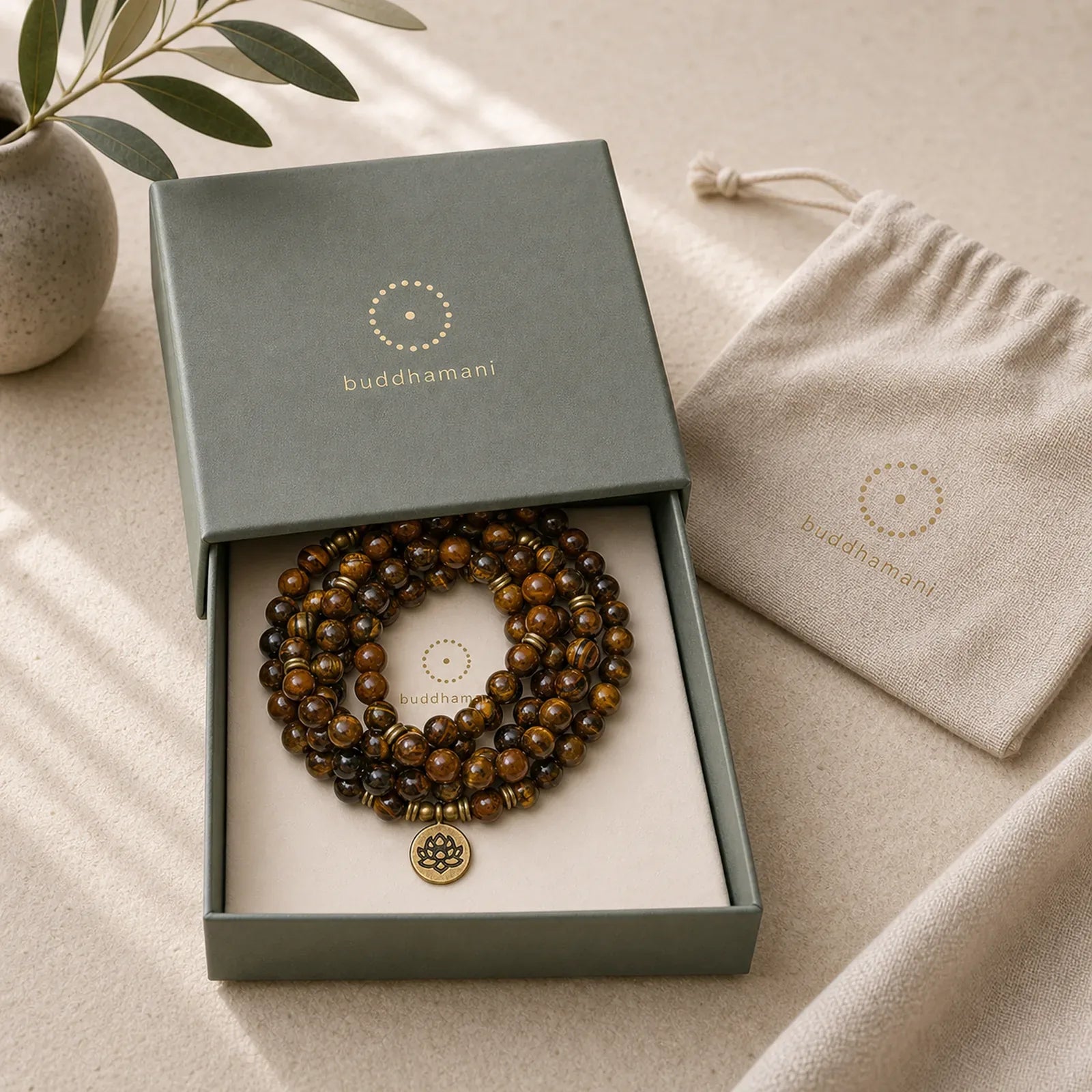 Lotus Symbol Tiger Eye Beaded Strength Mala featuring Lotus Symbol, Lotus, Tiger Eye