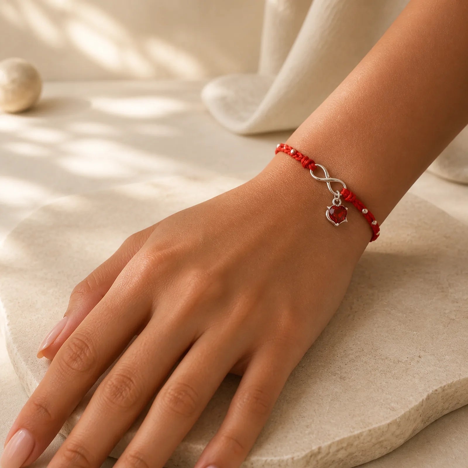 Love Heart Infinity Symbol Braided String Anklet featuring Red String, Copper, Silver