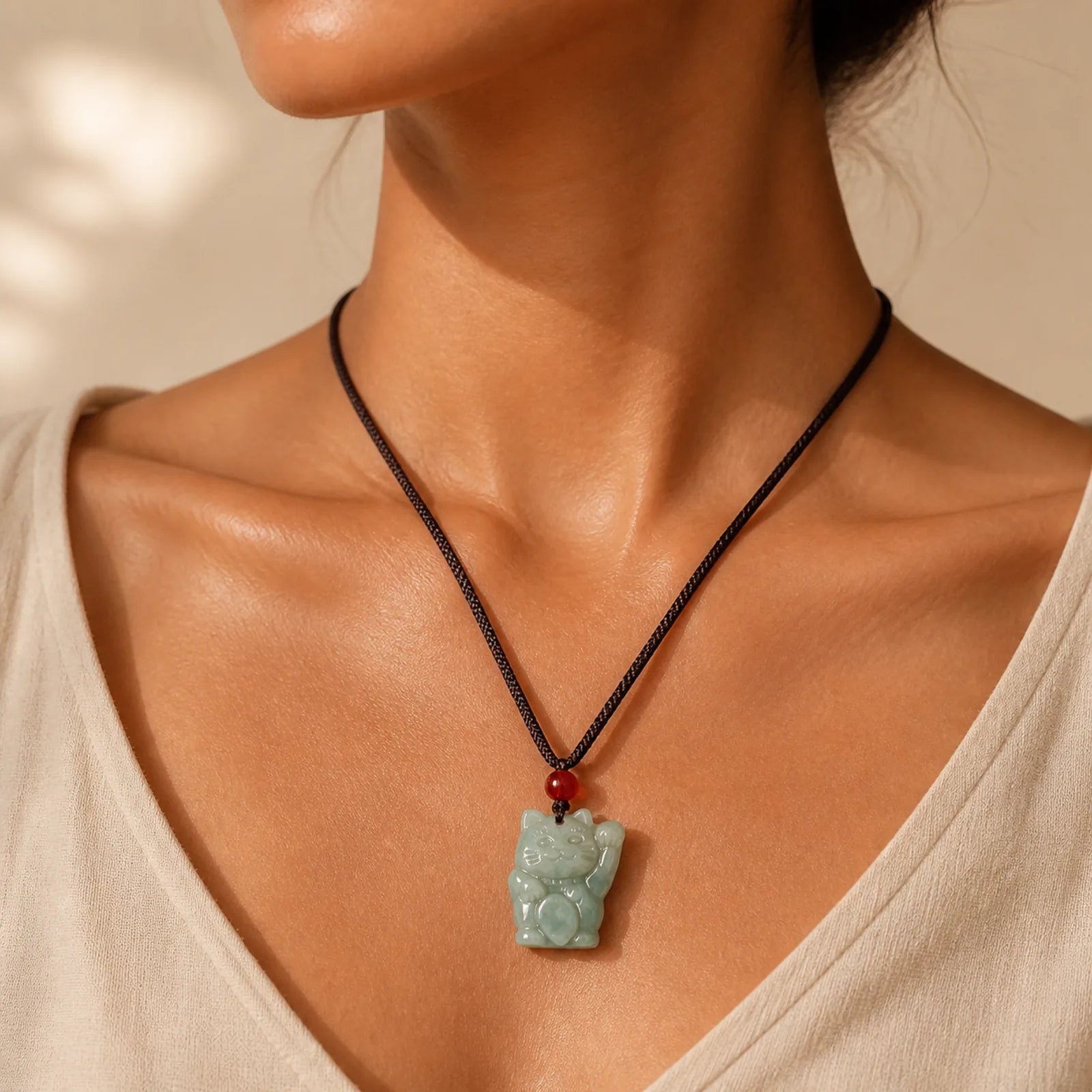 Lucky Cat Jade Abundance Necklace Pendant featuring Jade