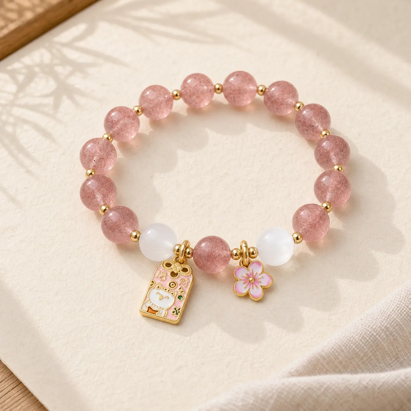 Lucky Cat Peach Blossoms Charm Strawberry Quartz White Cat's Eye Healing Bracelet featuring Strawberry Quartz, White Cat's Eye, Cat's Eye / Chrysoberyl