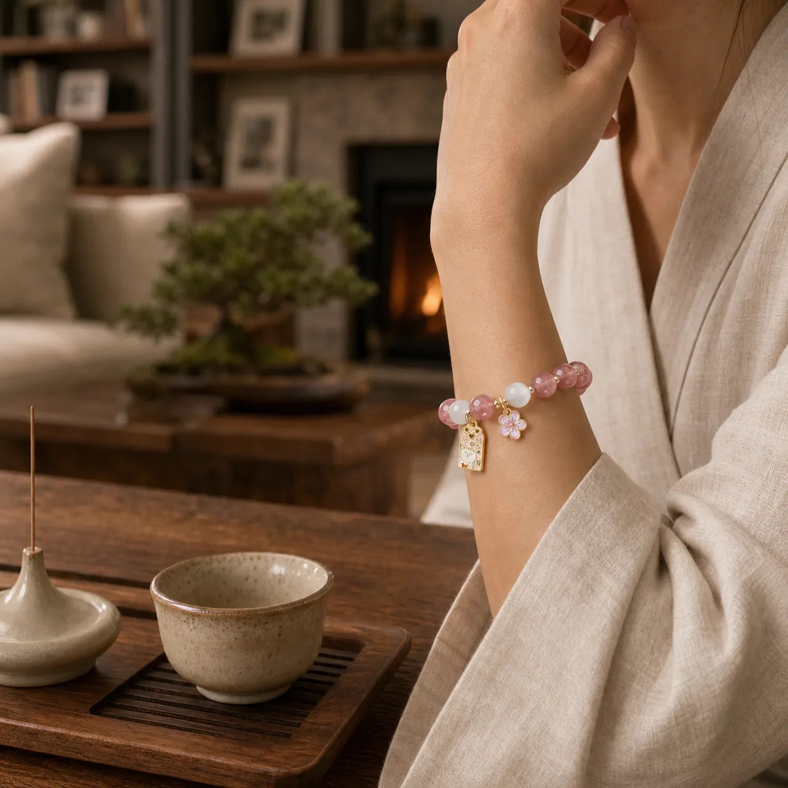 Lucky Cat Peach Blossoms Charm Strawberry Quartz White Cat's Eye Healing Bracelet featuring Strawberry Quartz, White Cat's Eye, Cat's Eye / Chrysoberyl