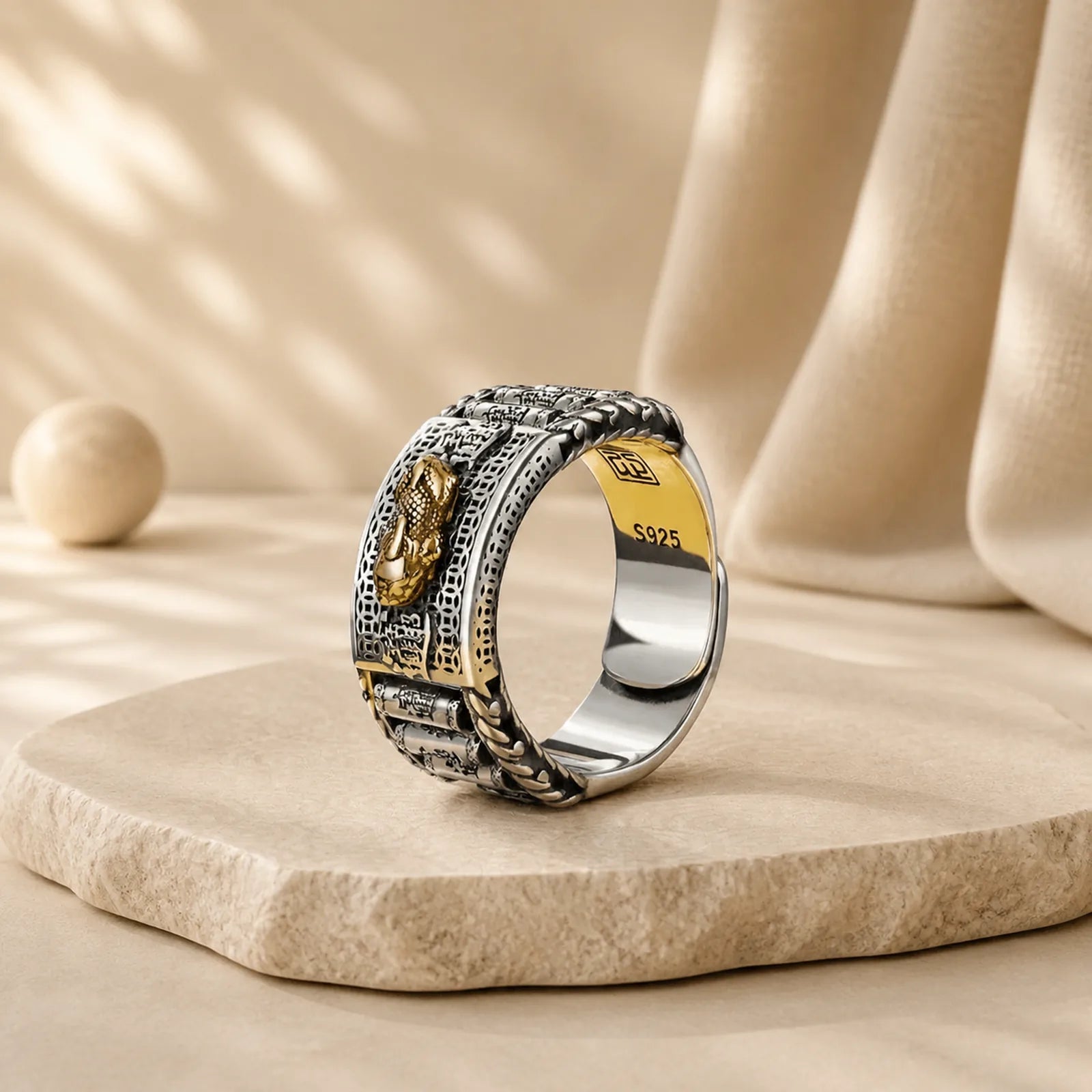 Lucky FengShui PiXiu Wealth Prayer Wheels Couple Ring featuring Pixiu, Dragon, Silver