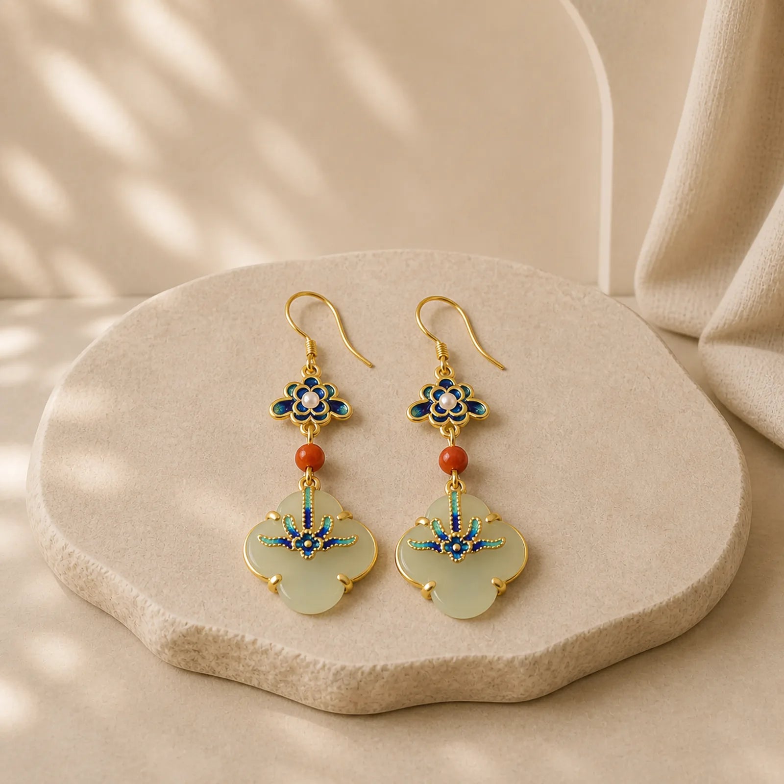 Lucky Four Leaf Clover Jade Abundance Copper Earrings featuring Jade, Copper