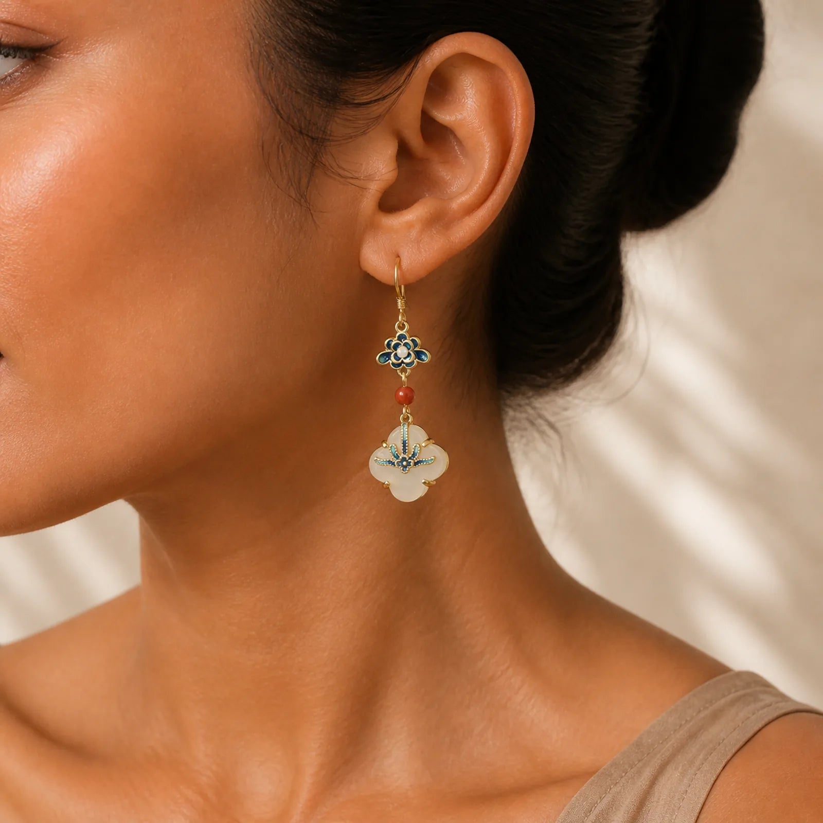 Lucky Four Leaf Clover Jade Abundance Copper Earrings featuring Jade, Copper