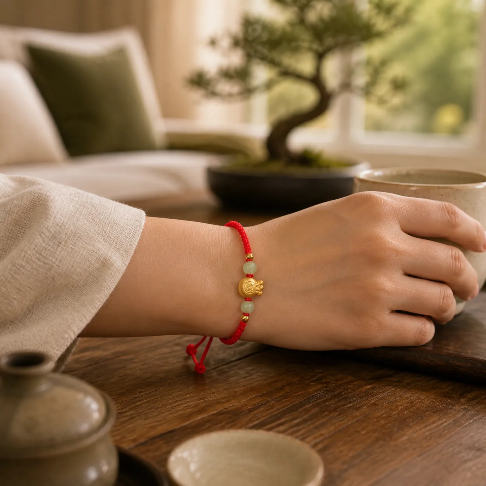 Lucky Money Bag Fu Character Jade Bead Luck Braided Bracelet featuring Fu Character, Jade, Red String
