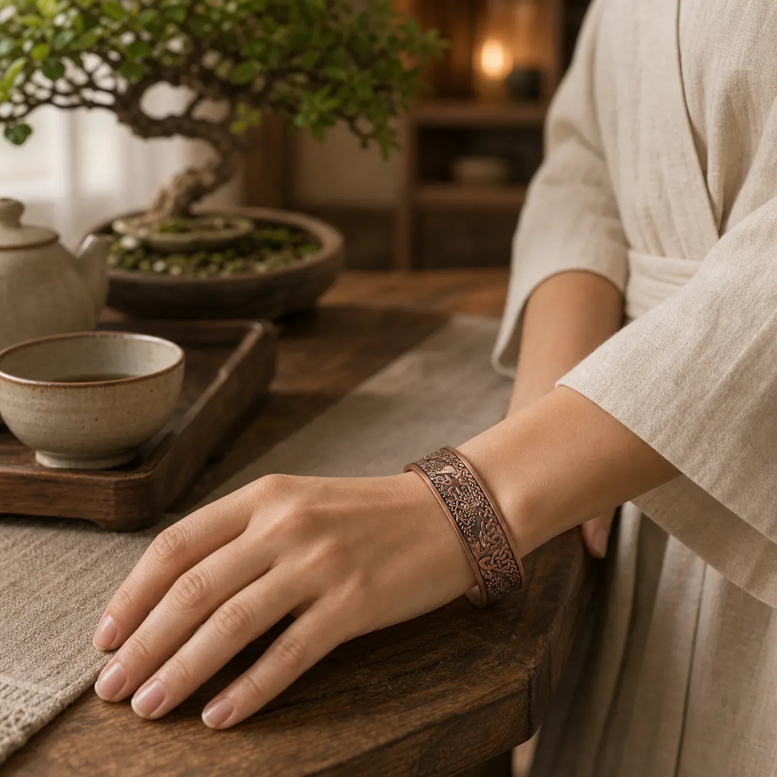 Lucky Tree Of Life Balance Magnetic Adjustable Cuff Bracelet Bangle featuring The Tree of Life, Copper