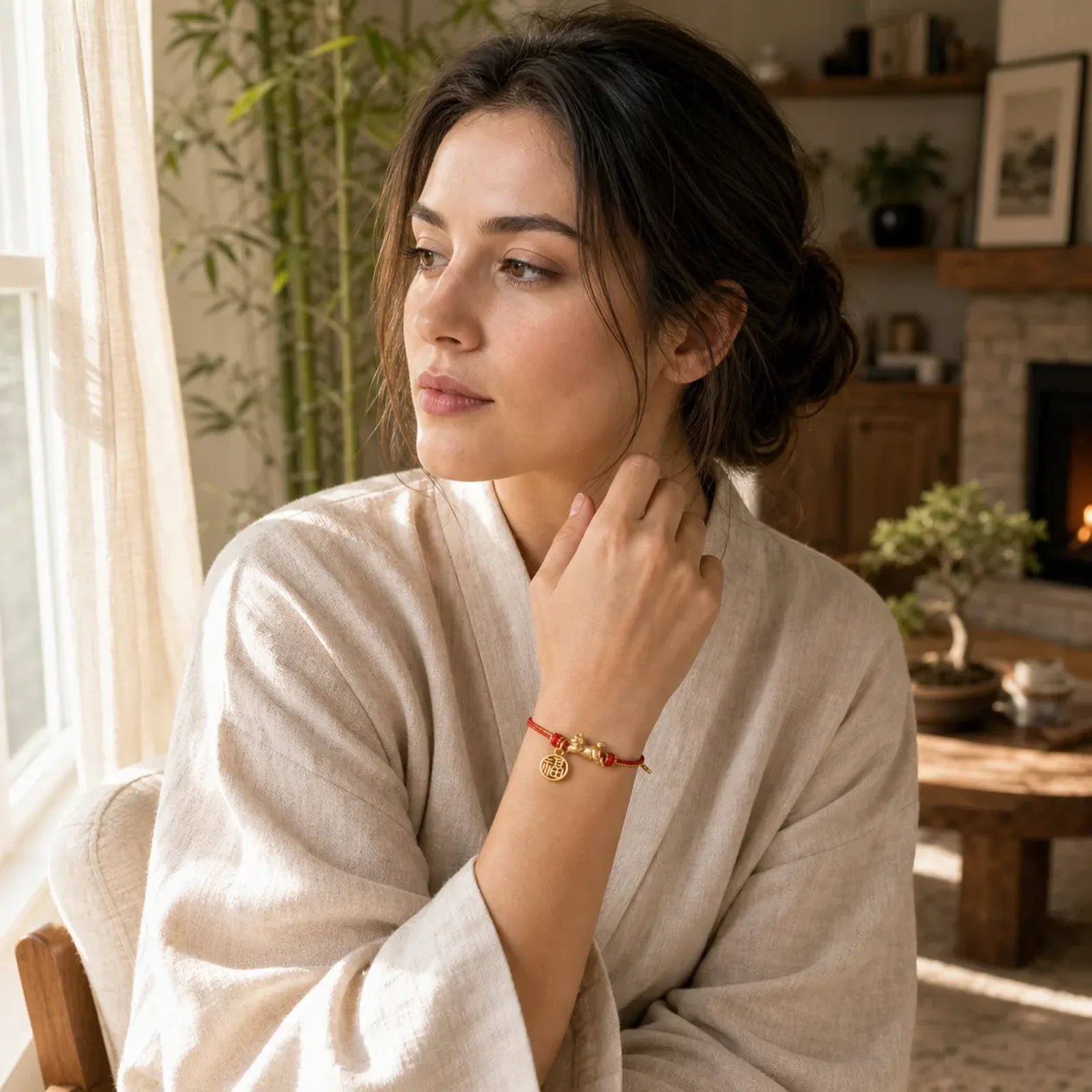 Lying-Down Cat Fu Character Copper Red String Hand-Woven Prosperity Bracelet featuring Fu Character, Copper, Red String