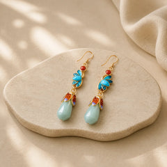 Magnolia Flower Jade Pattern Luck Prosperity Drop Dangle Earrings featuring Jade, Copper